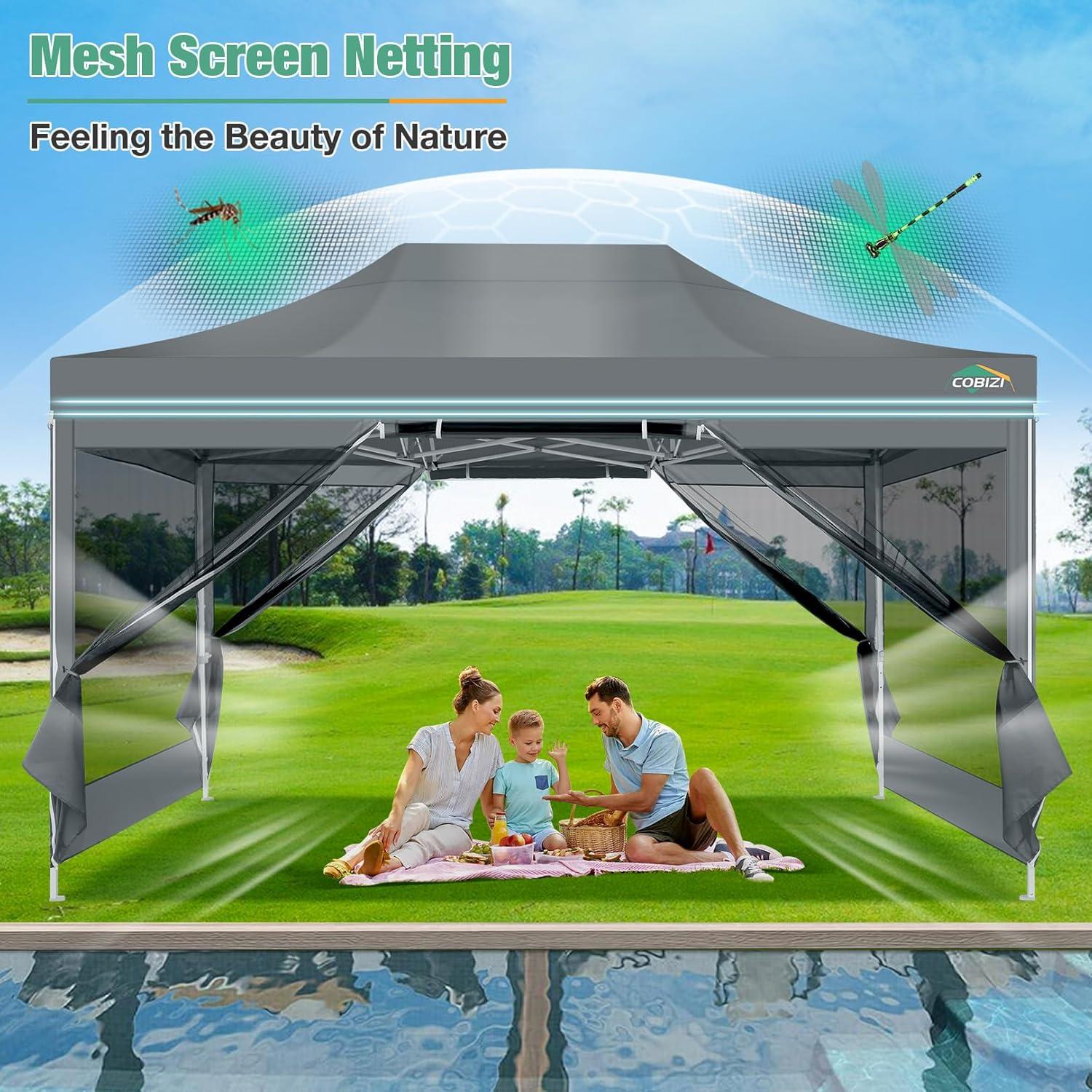 image:imageCOBIZI Canopy Tent 10x10 Heavy Duty Pop Up Gazebo with Netting ScreenedWaterproof Ez up Canopy with Sidewalls Outdoor Instant Screen House Tent for CampingBackyard Wedding BirthdayBlackGray