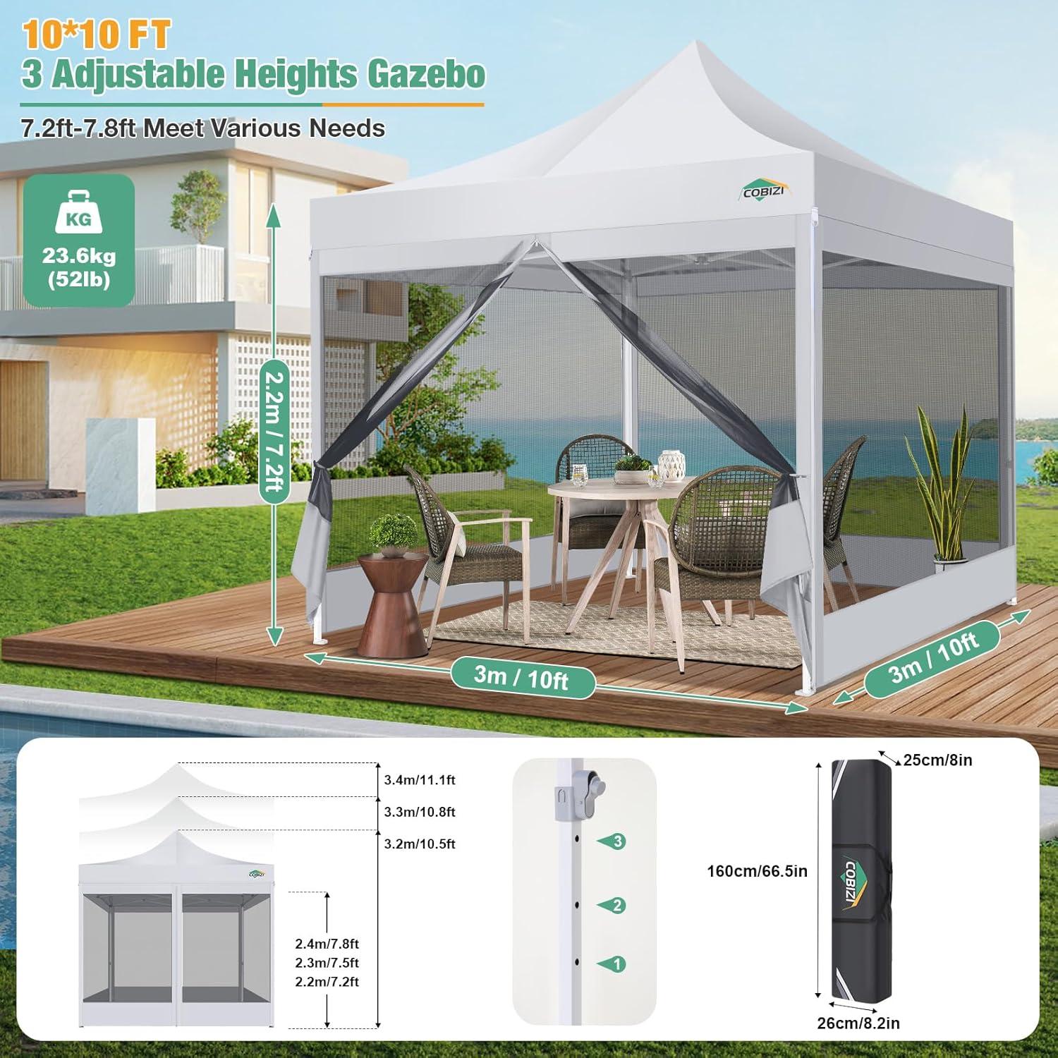 image:imageCOBIZI Canopy Tent 10x10 Heavy Duty Pop Up Gazebo with Netting ScreenedWaterproof Ez up Canopy with Sidewalls Outdoor Instant Screen House Tent for CampingBackyard Wedding BirthdayBlackWhite