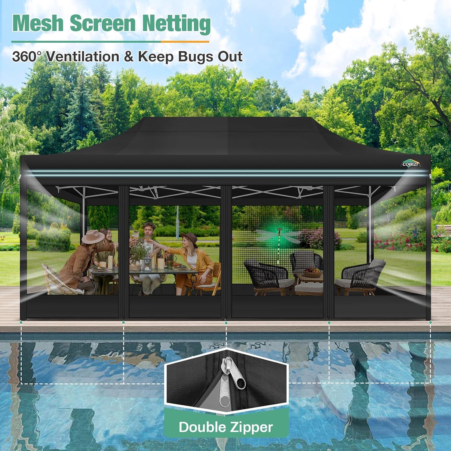 image:imageCOBIZI Canopy Tent 10x10 Heavy Duty Pop Up Gazebo with Netting ScreenedWaterproof Ez up Canopy with Sidewalls Outdoor Instant Screen House Tent for CampingBackyard Wedding BirthdayBlackBlack