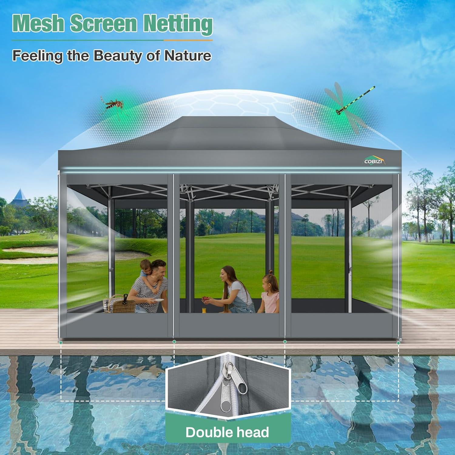 image:imageCOBIZI Canopy Tent 10x10 Heavy Duty Pop Up Gazebo with Netting ScreenedWaterproof Ez up Canopy with Sidewalls Outdoor Instant Screen House Tent for CampingBackyard Wedding BirthdayBlackGray