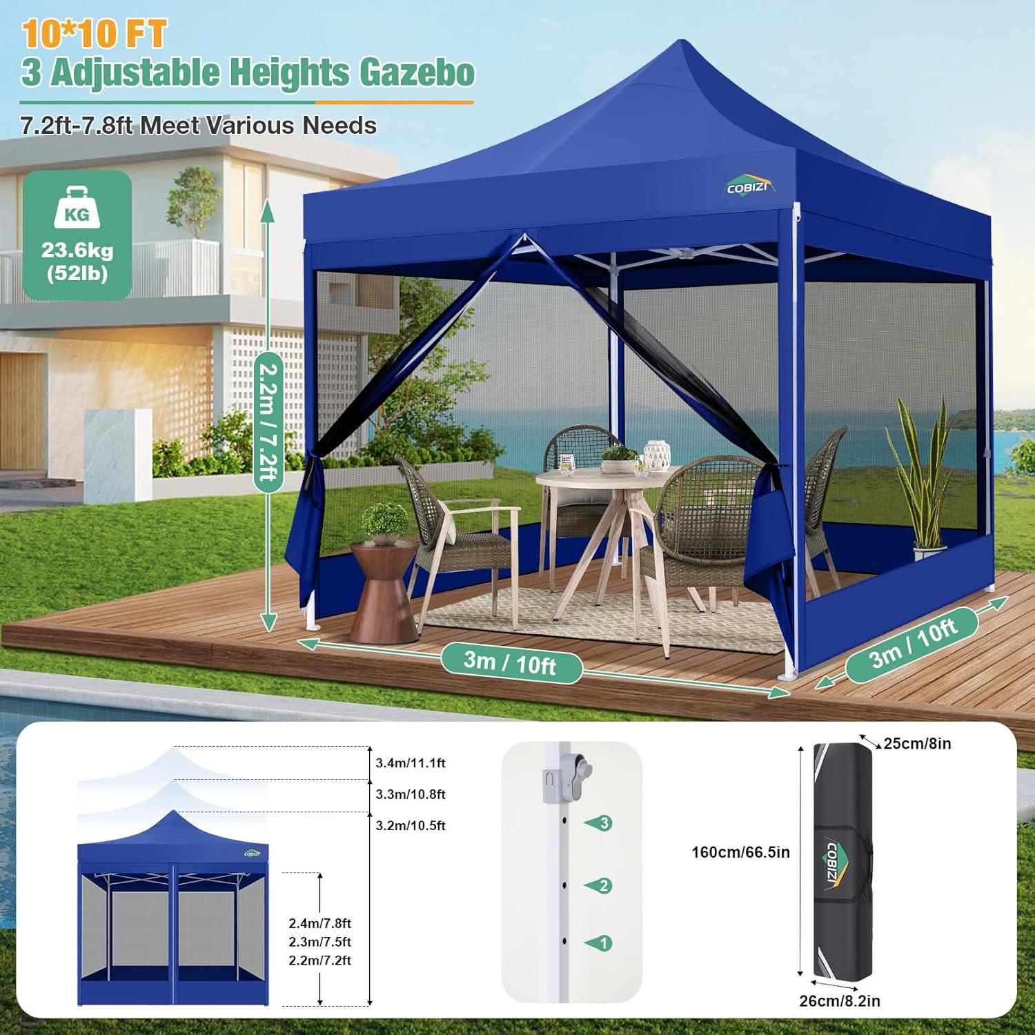 image:imageCOBIZI Canopy Tent 10x10 Heavy Duty Pop Up Gazebo with Netting ScreenedWaterproof Ez up Canopy with Sidewalls Outdoor Instant Screen House Tent for CampingBackyard Wedding BirthdayBlackDark Blue