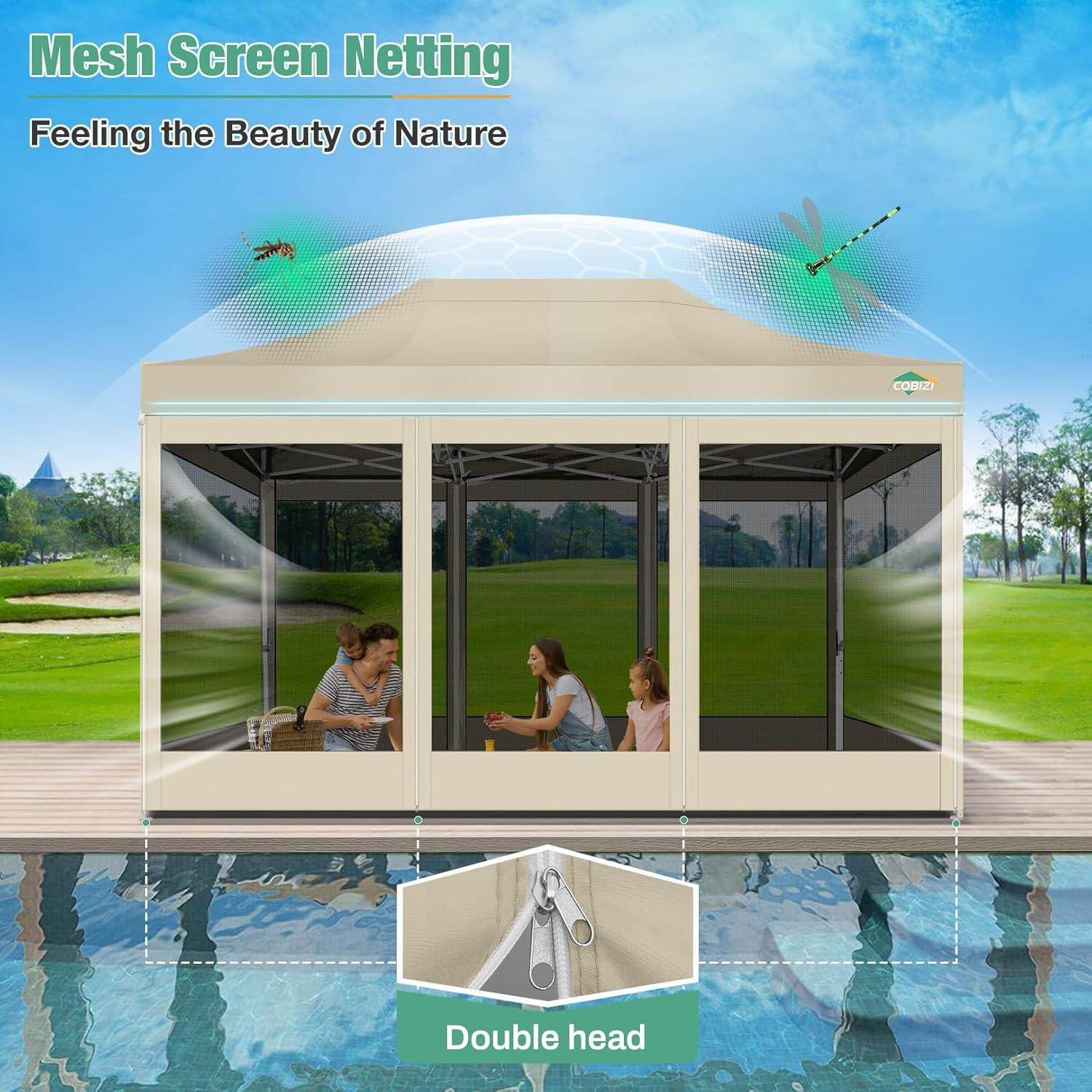 image:imageCOBIZI Canopy Tent 10x10 Heavy Duty Pop Up Gazebo with Netting ScreenedWaterproof Ez up Canopy with Sidewalls Outdoor Instant Screen House Tent for CampingBackyard Wedding BirthdayBlackKhaki