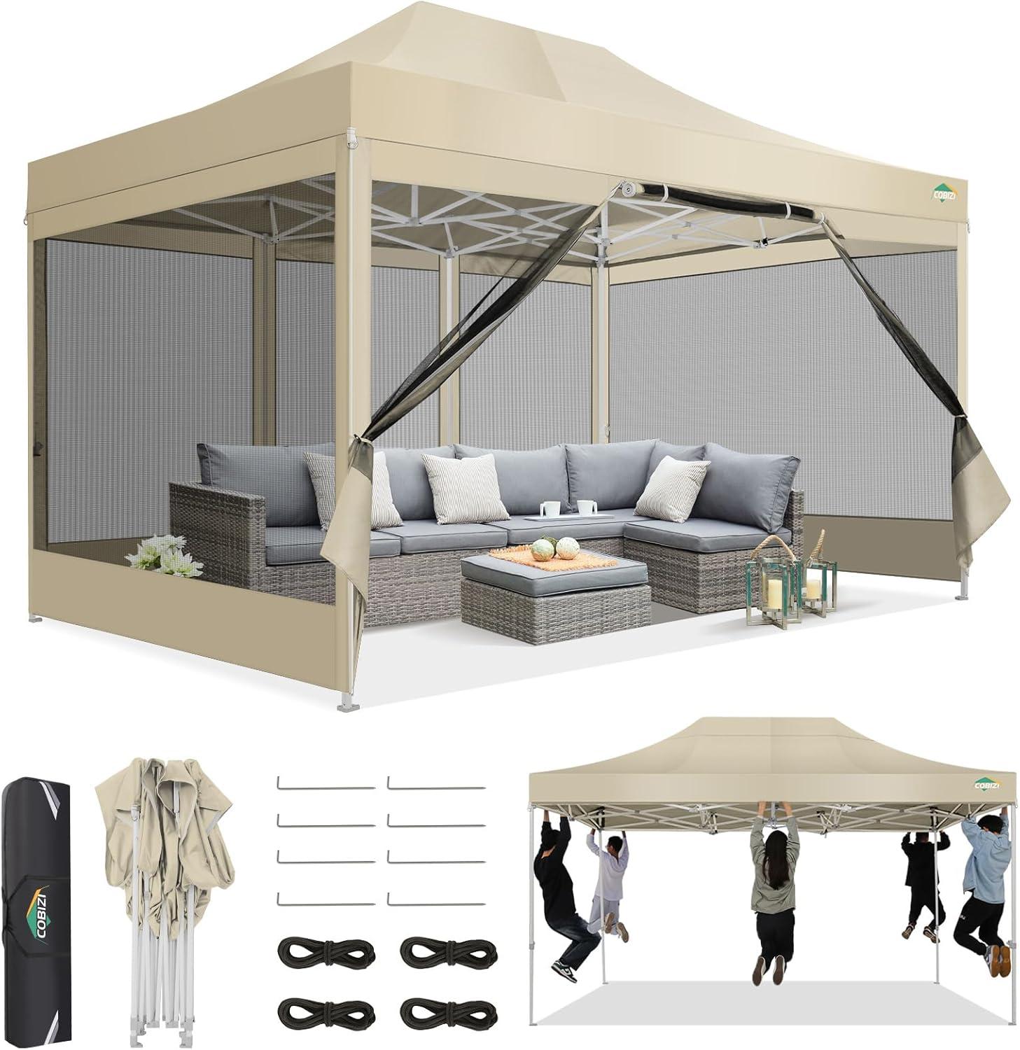 image:imageCOBIZI Canopy Tent 10x10 Heavy Duty Pop Up Gazebo with Netting ScreenedWaterproof Ez up Canopy with Sidewalls Outdoor Instant Screen House Tent for CampingBackyard Wedding BirthdayBlackKhaki