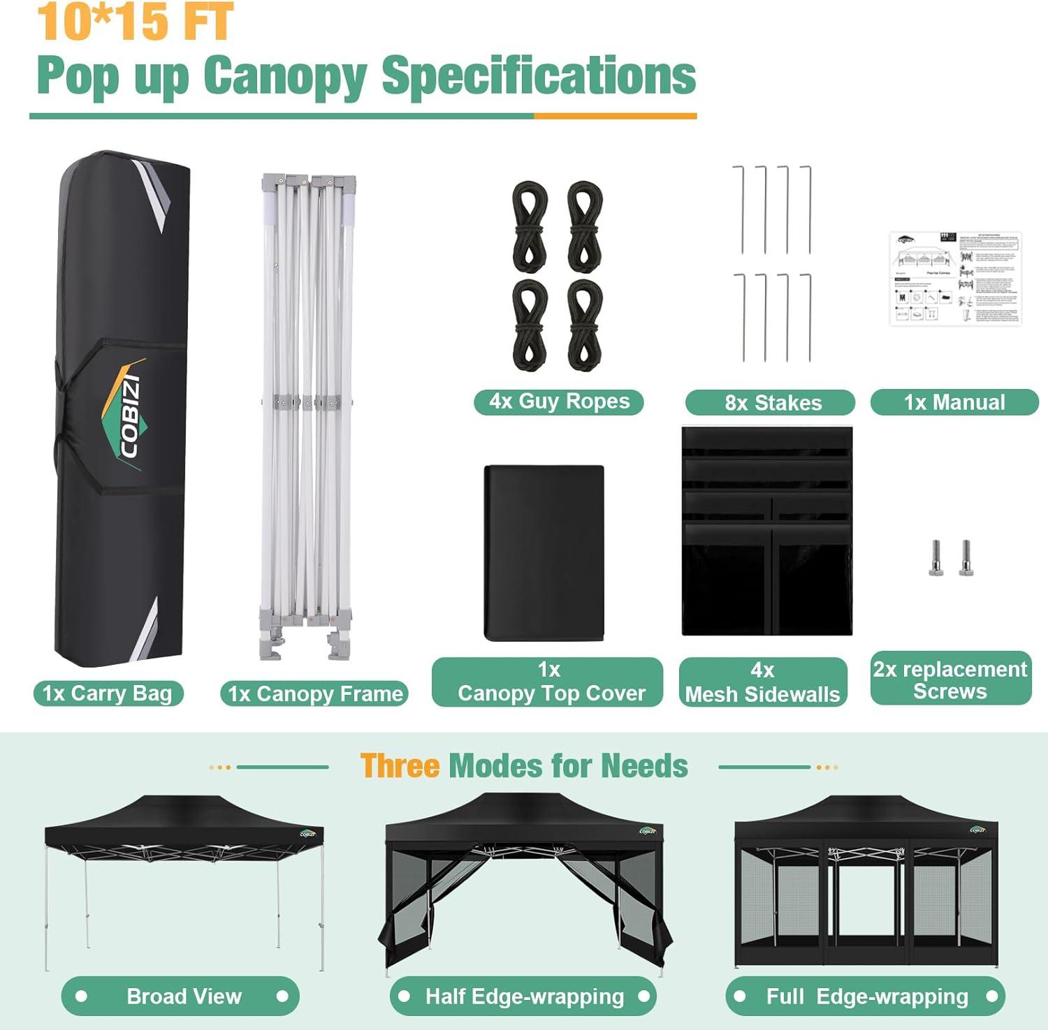 image:imageCOBIZI Canopy Tent 10x10 Heavy Duty Pop Up Gazebo with Netting ScreenedWaterproof Ez up Canopy with Sidewalls Outdoor Instant Screen House Tent for CampingBackyard Wedding BirthdayBlackBlack