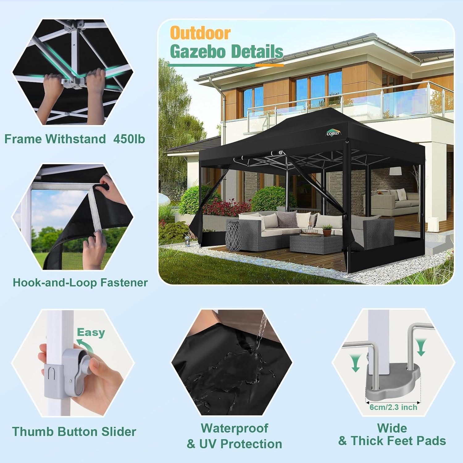 image:imageCOBIZI Canopy Tent 10x10 Heavy Duty Pop Up Gazebo with Netting ScreenedWaterproof Ez up Canopy with Sidewalls Outdoor Instant Screen House Tent for CampingBackyard Wedding BirthdayBlackBlack