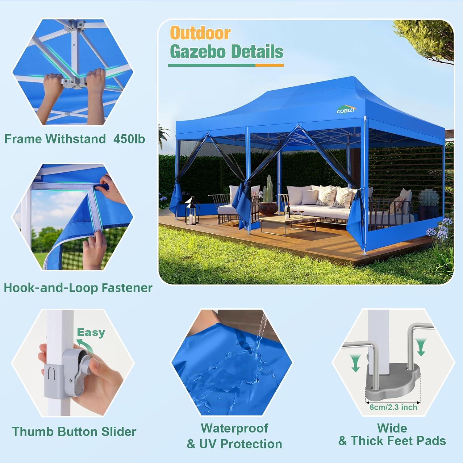 image:imageCOBIZI Canopy Tent 10x10 Heavy Duty Pop Up Gazebo with Netting ScreenedWaterproof Ez up Canopy with Sidewalls Outdoor Instant Screen House Tent for CampingBackyard Wedding BirthdayBlackBlue