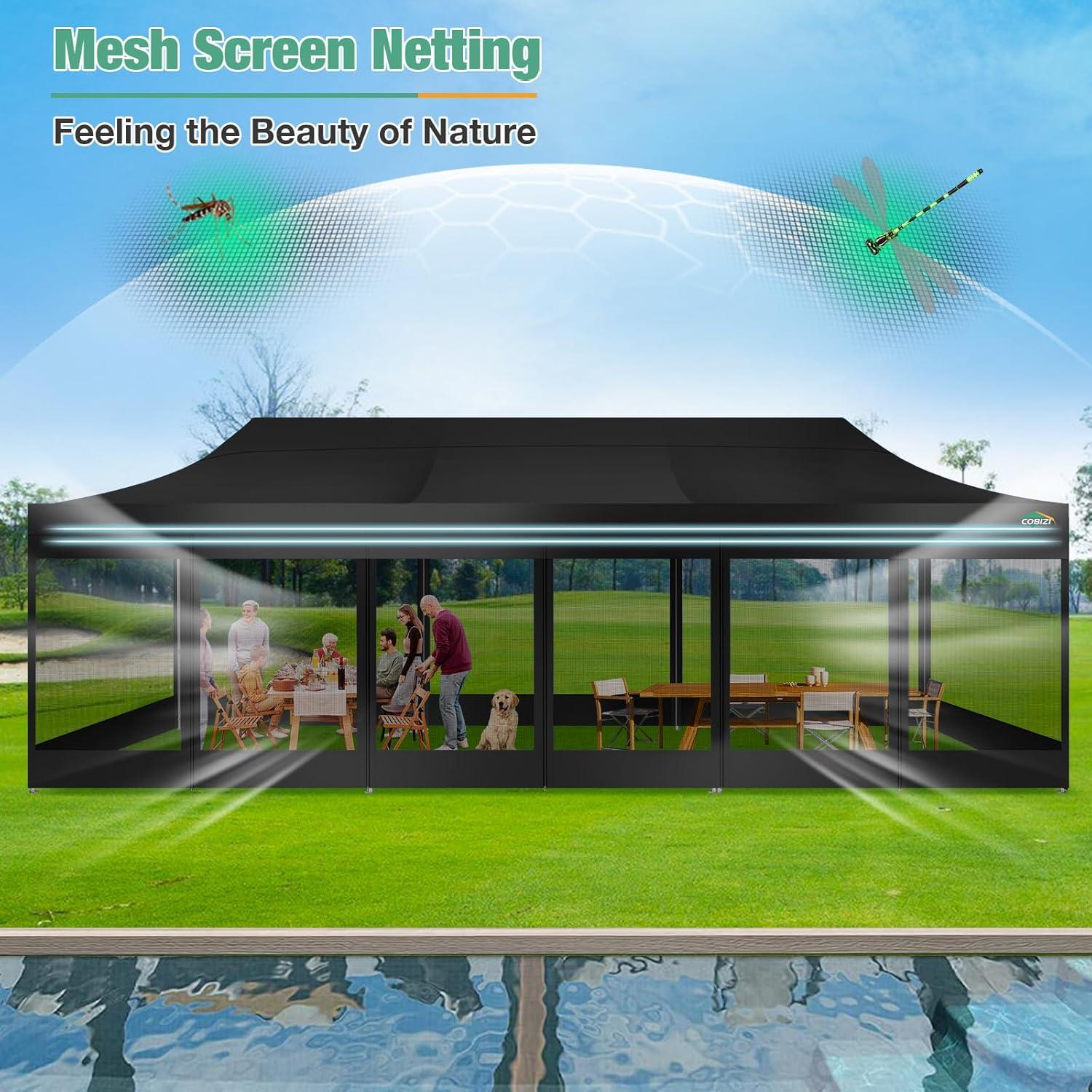 image:imageCOBIZI Canopy Tent 10x10 Heavy Duty Pop Up Gazebo with Netting ScreenedWaterproof Ez up Canopy with Sidewalls Outdoor Instant Screen House Tent for CampingBackyard Wedding BirthdayBlackBlack