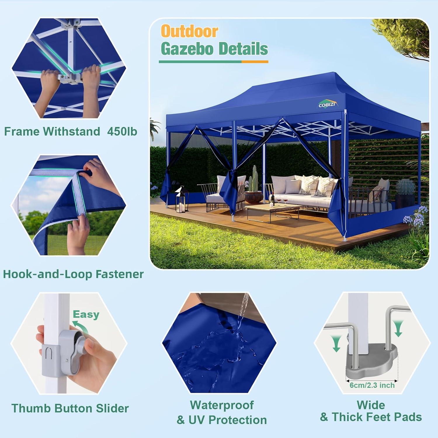 image:imageCOBIZI Canopy Tent 10x10 Heavy Duty Pop Up Gazebo with Netting ScreenedWaterproof Ez up Canopy with Sidewalls Outdoor Instant Screen House Tent for CampingBackyard Wedding BirthdayBlackDark Blue