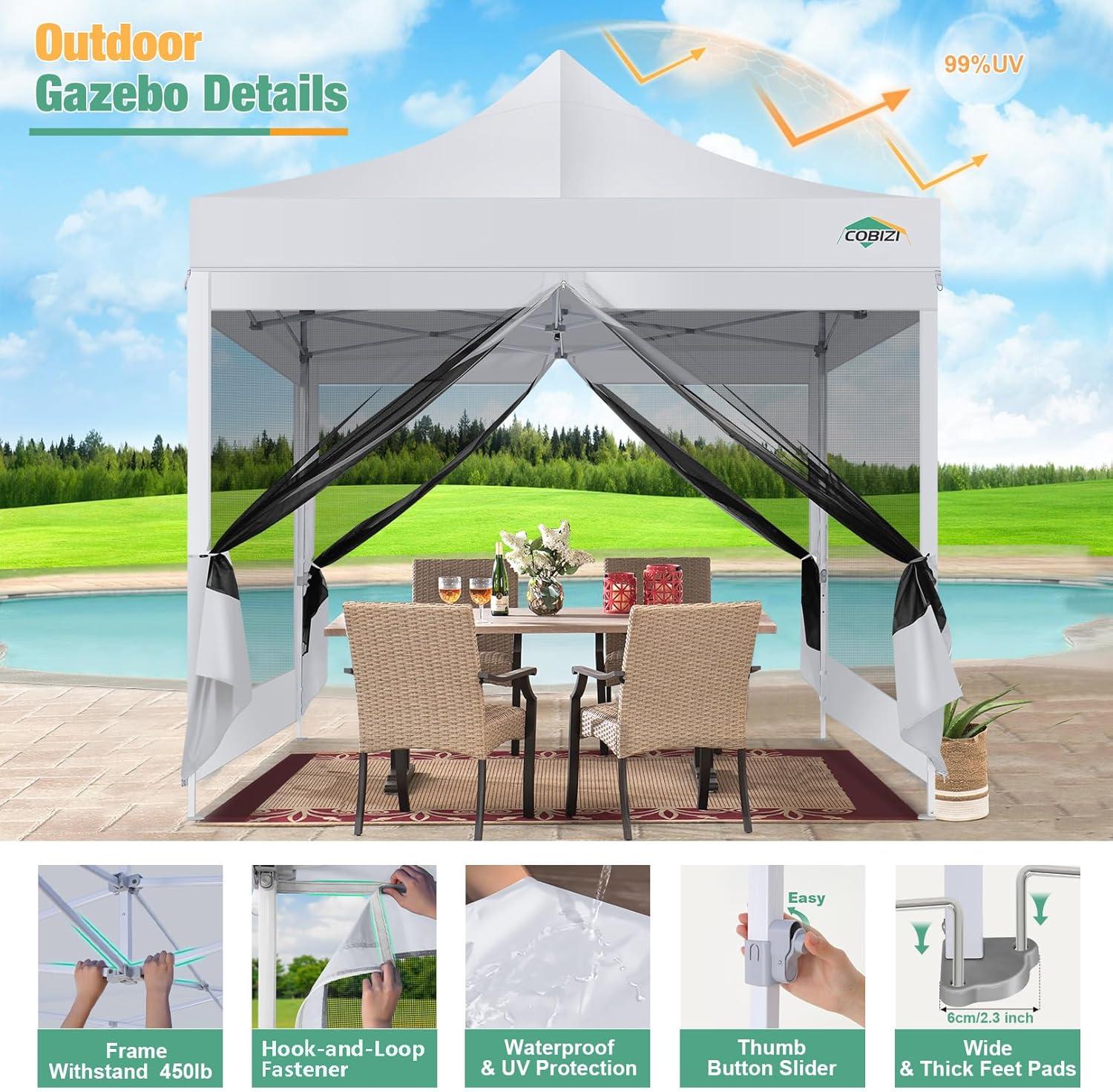 image:imageCOBIZI Canopy Tent 10x10 Heavy Duty Pop Up Gazebo with Netting ScreenedWaterproof Ez up Canopy with Sidewalls Outdoor Instant Screen House Tent for CampingBackyard Wedding BirthdayBlackWhite