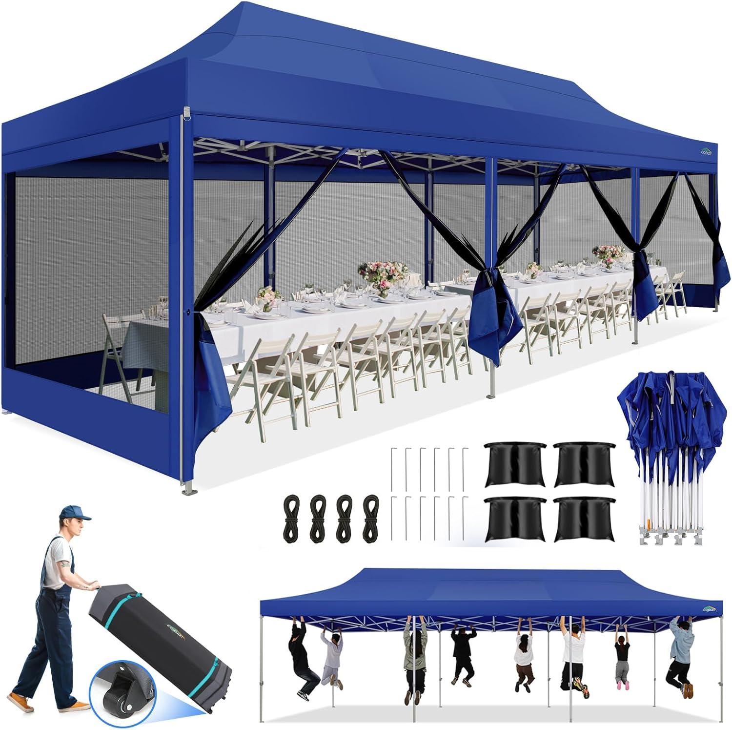 image:imageCOBIZI Canopy Tent 10x10 Heavy Duty Pop Up Gazebo with Netting ScreenedWaterproof Ez up Canopy with Sidewalls Outdoor Instant Screen House Tent for CampingBackyard Wedding BirthdayBlackDark Blue