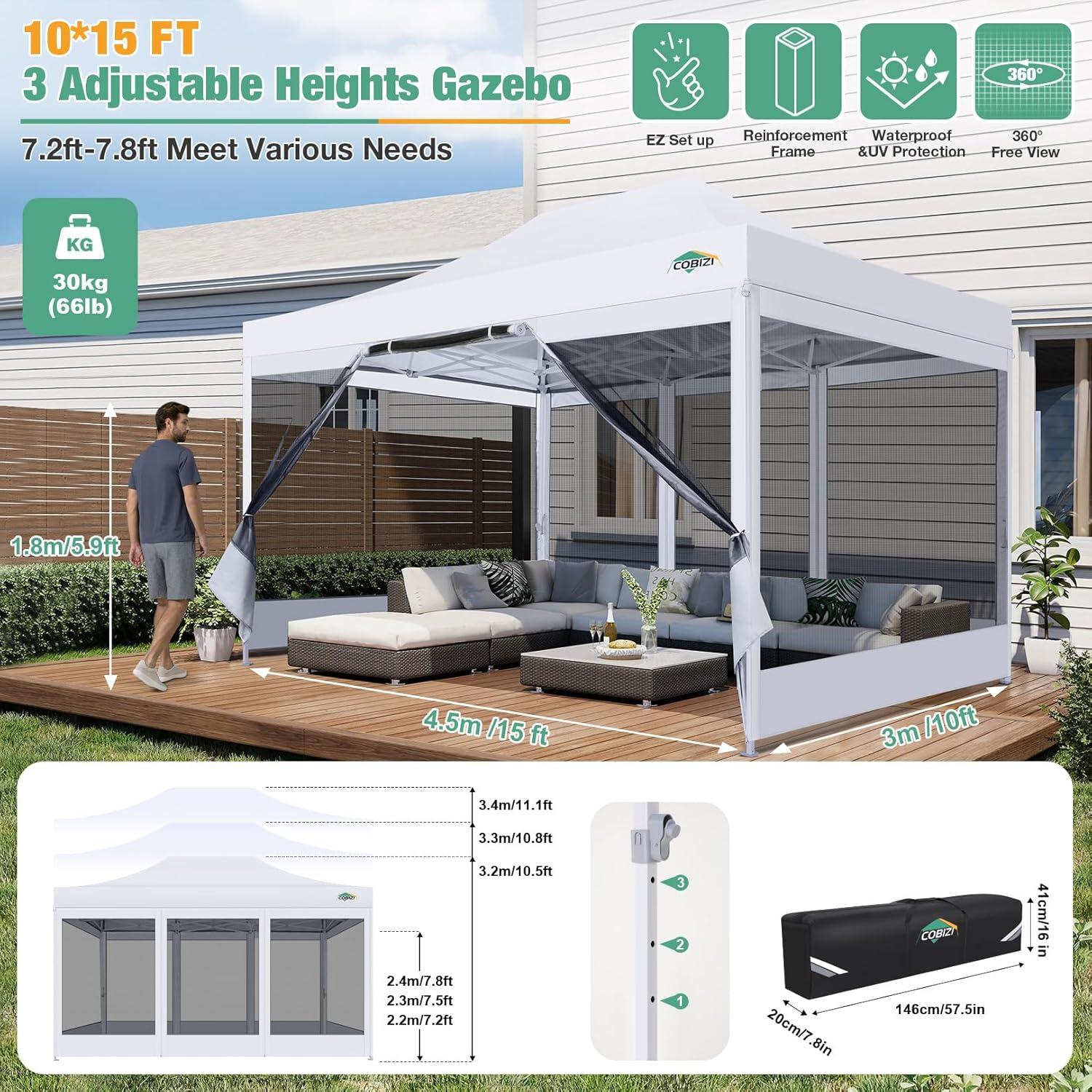 image:imageCOBIZI Canopy Tent 10x10 Heavy Duty Pop Up Gazebo with Netting ScreenedWaterproof Ez up Canopy with Sidewalls Outdoor Instant Screen House Tent for CampingBackyard Wedding BirthdayBlackWhite