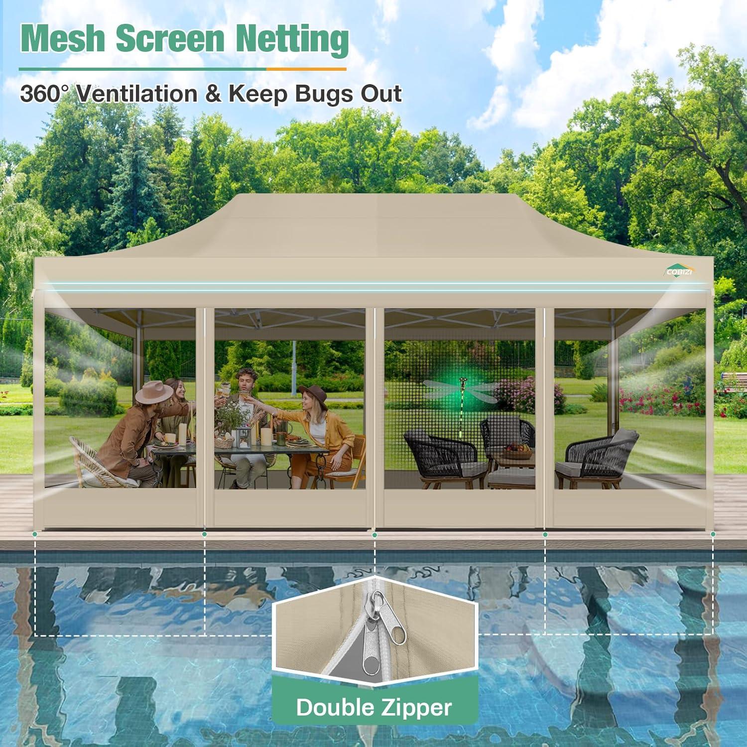 image:imageCOBIZI Canopy Tent 10x10 Heavy Duty Pop Up Gazebo with Netting ScreenedWaterproof Ez up Canopy with Sidewalls Outdoor Instant Screen House Tent for CampingBackyard Wedding BirthdayBlackKhaki