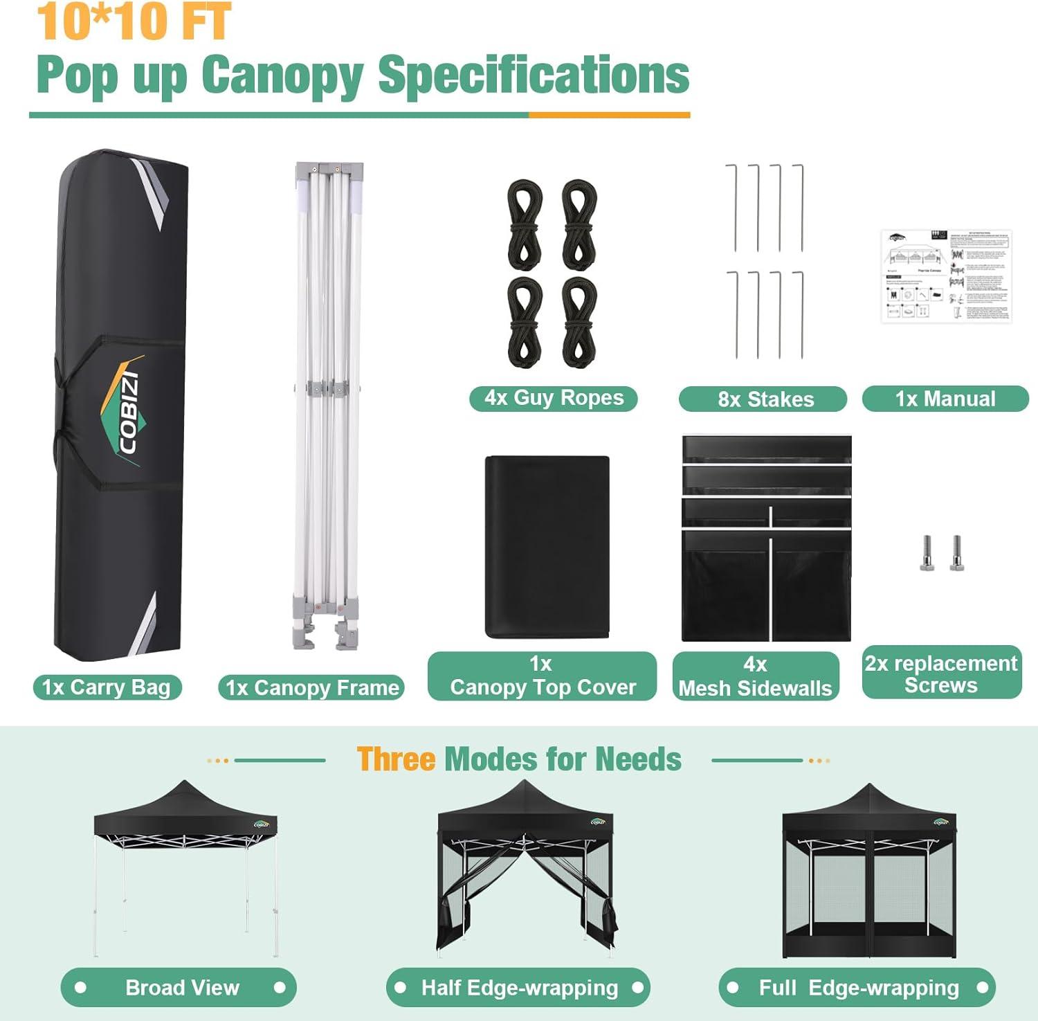 image:imageCOBIZI Canopy Tent 10x10 Heavy Duty Pop Up Gazebo with Netting ScreenedWaterproof Ez up Canopy with Sidewalls Outdoor Instant Screen House Tent for CampingBackyard Wedding BirthdayBlackBlack
