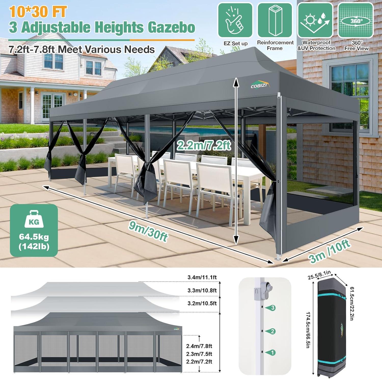 image:imageCOBIZI Canopy Tent 10x10 Heavy Duty Pop Up Gazebo with Netting ScreenedWaterproof Ez up Canopy with Sidewalls Outdoor Instant Screen House Tent for CampingBackyard Wedding BirthdayBlackGray