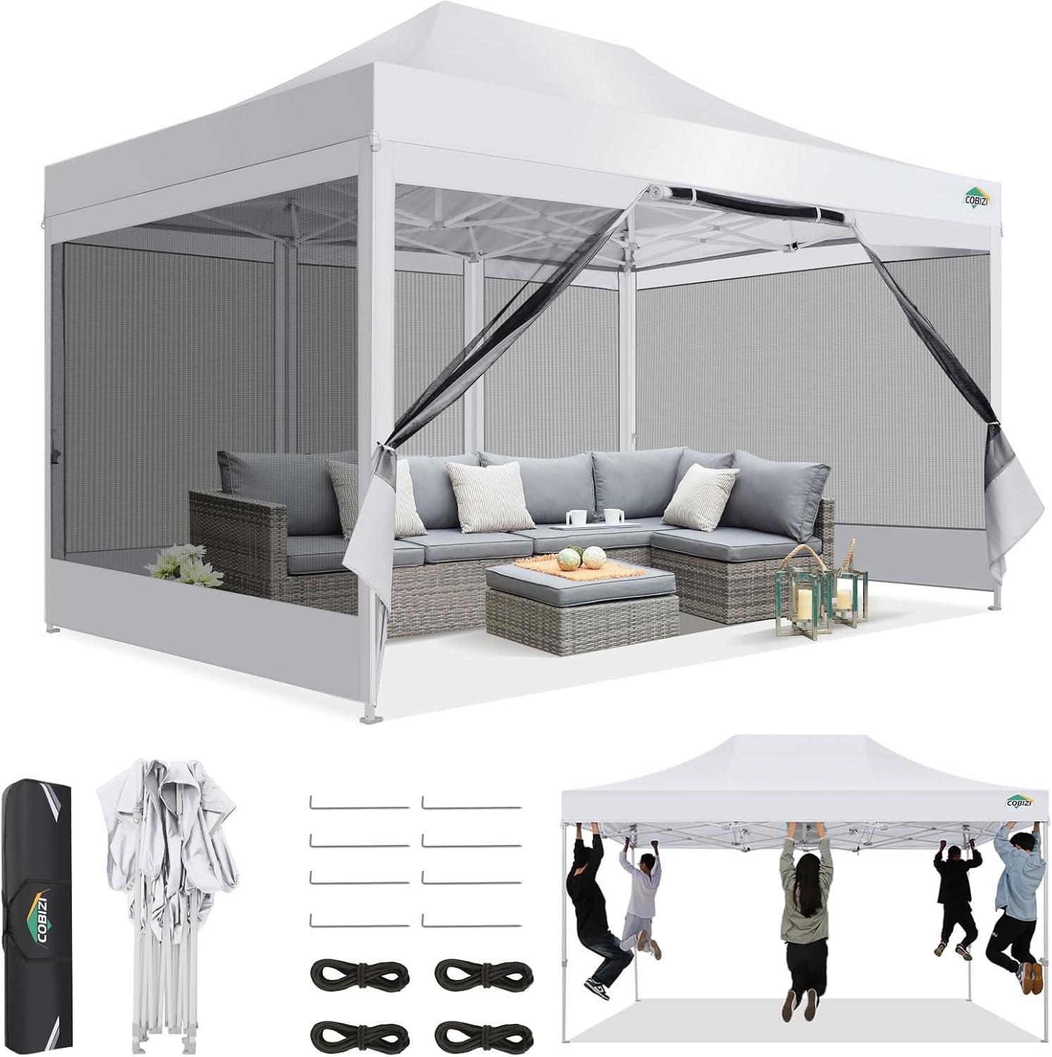 image:imageCOBIZI Canopy Tent 10x10 Heavy Duty Pop Up Gazebo with Netting ScreenedWaterproof Ez up Canopy with Sidewalls Outdoor Instant Screen House Tent for CampingBackyard Wedding BirthdayBlackWhite