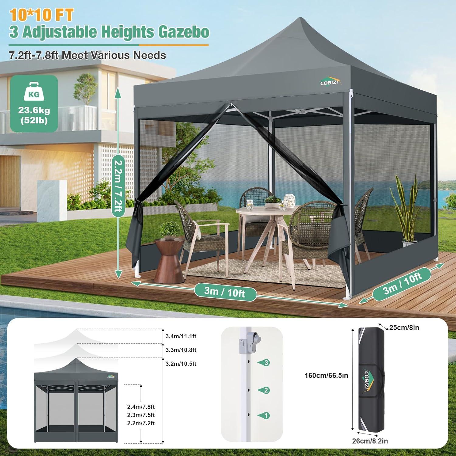 image:imageCOBIZI Canopy Tent 10x10 Heavy Duty Pop Up Gazebo with Netting ScreenedWaterproof Ez up Canopy with Sidewalls Outdoor Instant Screen House Tent for CampingBackyard Wedding BirthdayBlackGray