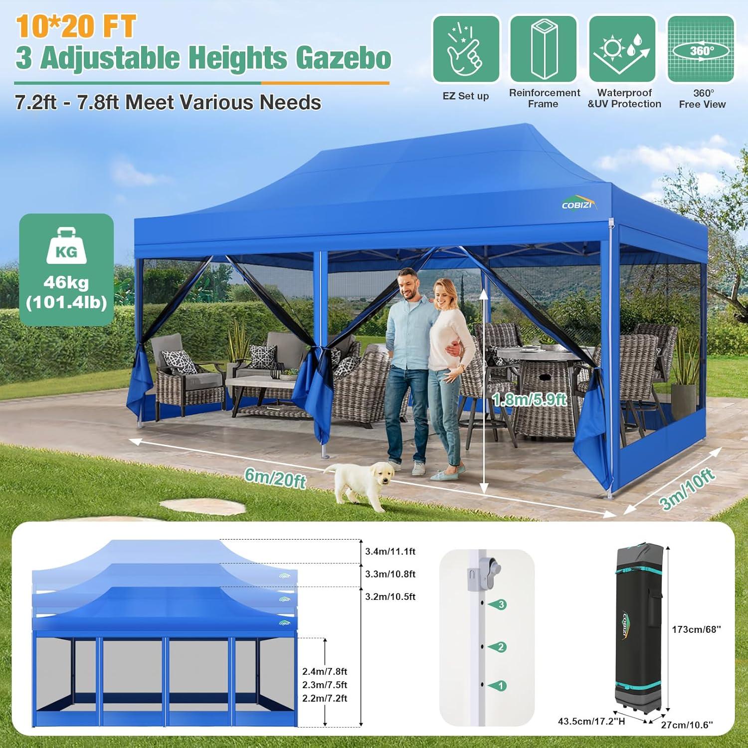 image:imageCOBIZI Canopy Tent 10x10 Heavy Duty Pop Up Gazebo with Netting ScreenedWaterproof Ez up Canopy with Sidewalls Outdoor Instant Screen House Tent for CampingBackyard Wedding BirthdayBlackBlue