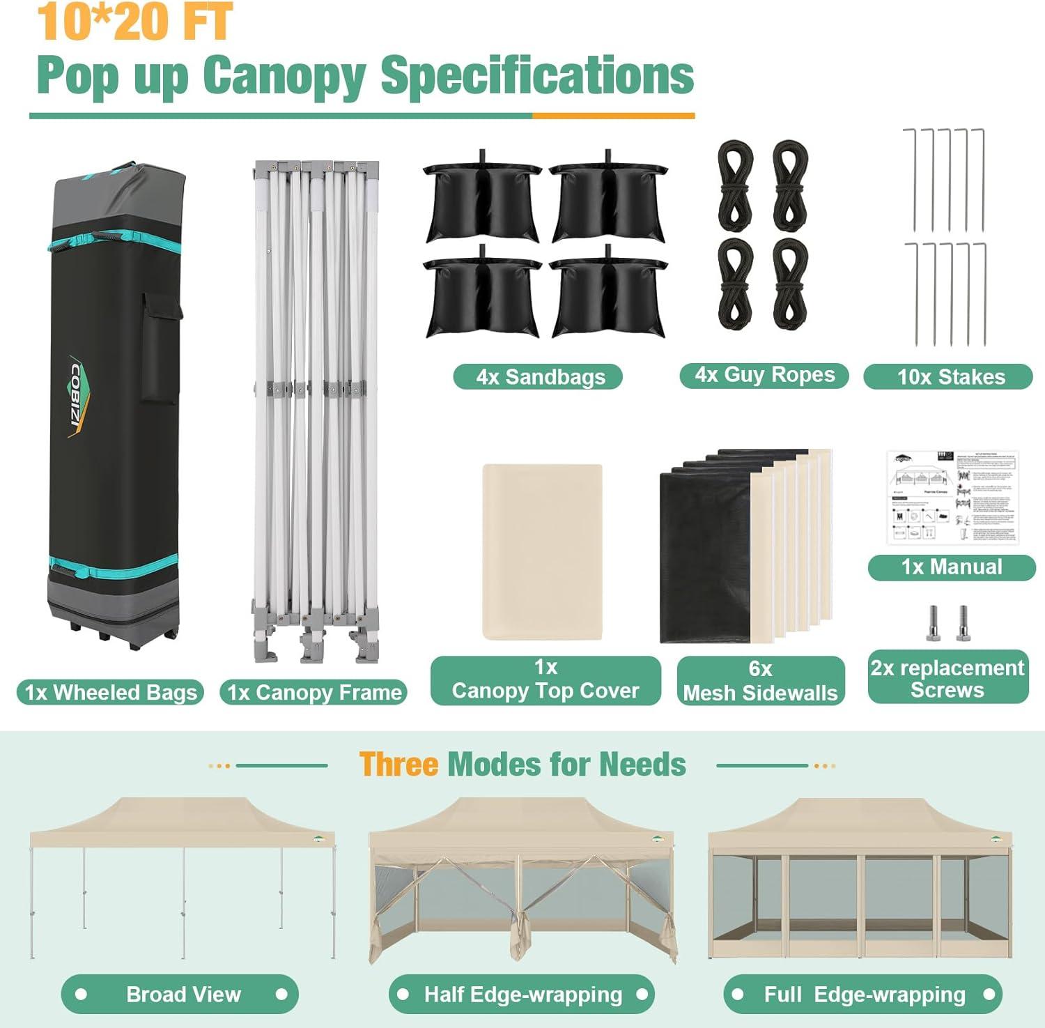 image:imageCOBIZI Canopy Tent 10x10 Heavy Duty Pop Up Gazebo with Netting ScreenedWaterproof Ez up Canopy with Sidewalls Outdoor Instant Screen House Tent for CampingBackyard Wedding BirthdayBlackKhaki