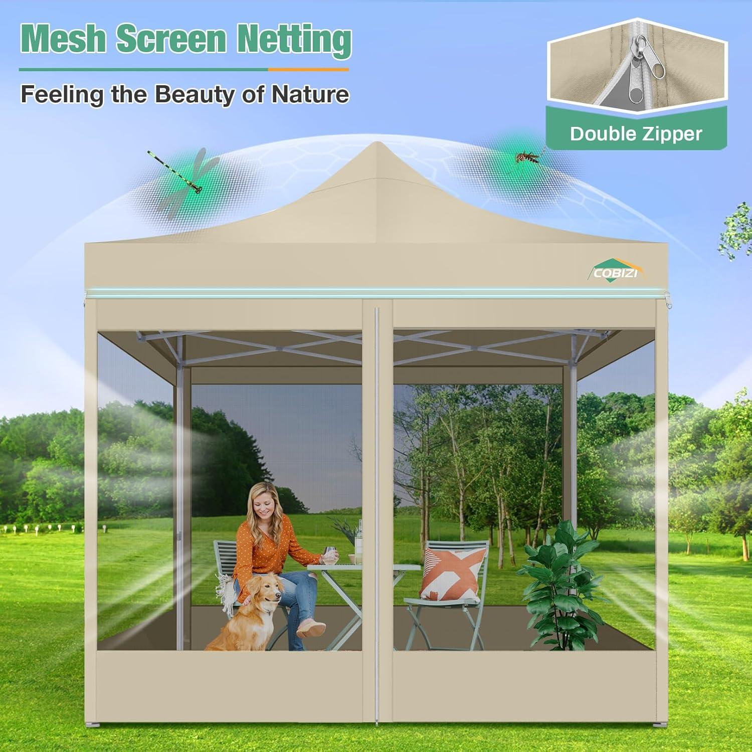 image:imageCOBIZI Canopy Tent 10x10 Heavy Duty Pop Up Gazebo with Netting ScreenedWaterproof Ez up Canopy with Sidewalls Outdoor Instant Screen House Tent for CampingBackyard Wedding BirthdayBlackKhaki