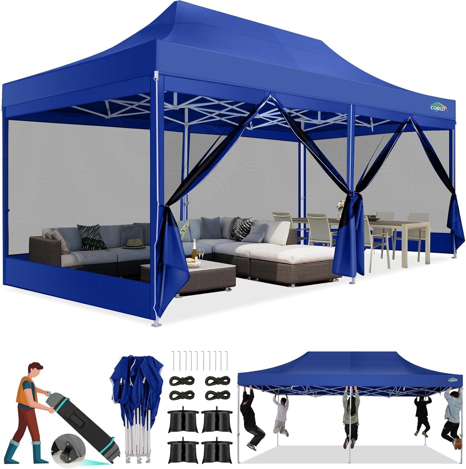image:imageCOBIZI Canopy Tent 10x10 Heavy Duty Pop Up Gazebo with Netting ScreenedWaterproof Ez up Canopy with Sidewalls Outdoor Instant Screen House Tent for CampingBackyard Wedding BirthdayBlackDark Blue