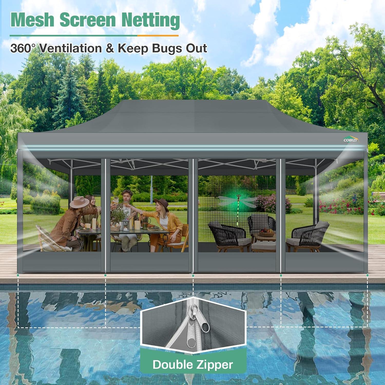 image:imageCOBIZI Canopy Tent 10x10 Heavy Duty Pop Up Gazebo with Netting ScreenedWaterproof Ez up Canopy with Sidewalls Outdoor Instant Screen House Tent for CampingBackyard Wedding BirthdayBlackGray