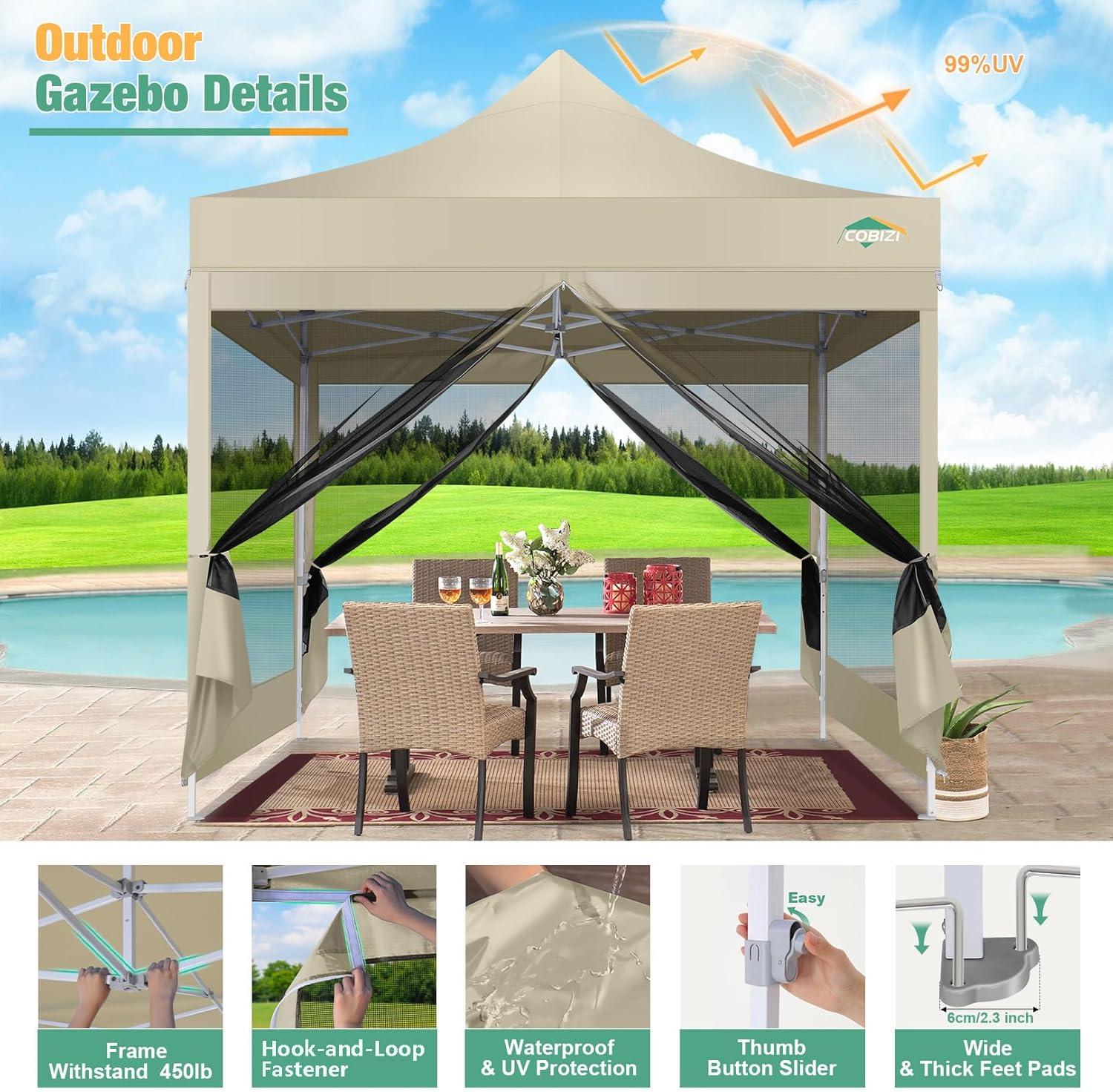 image:imageCOBIZI Canopy Tent 10x10 Heavy Duty Pop Up Gazebo with Netting ScreenedWaterproof Ez up Canopy with Sidewalls Outdoor Instant Screen House Tent for CampingBackyard Wedding BirthdayBlackKhaki