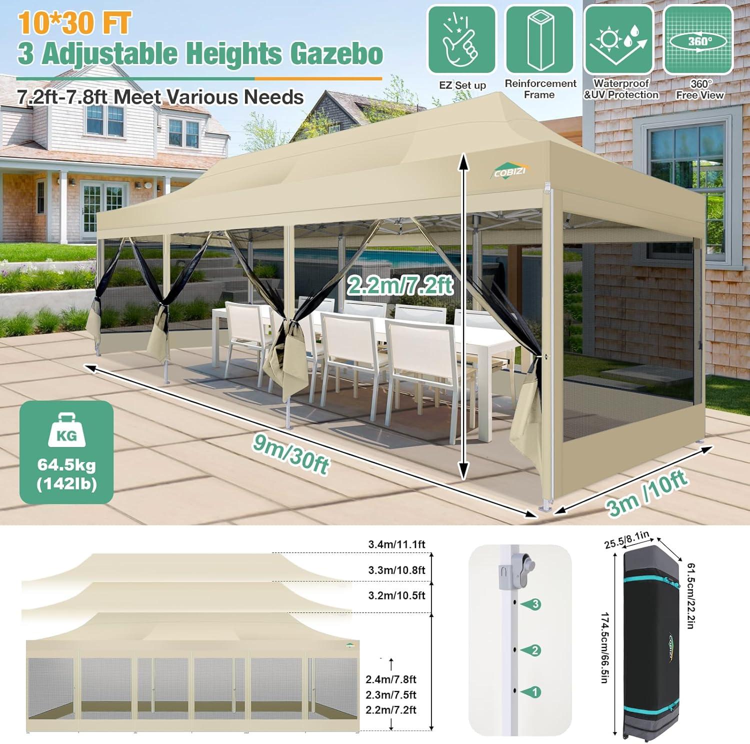 image:imageCOBIZI Canopy Tent 10x10 Heavy Duty Pop Up Gazebo with Netting ScreenedWaterproof Ez up Canopy with Sidewalls Outdoor Instant Screen House Tent for CampingBackyard Wedding BirthdayBlackKhaki