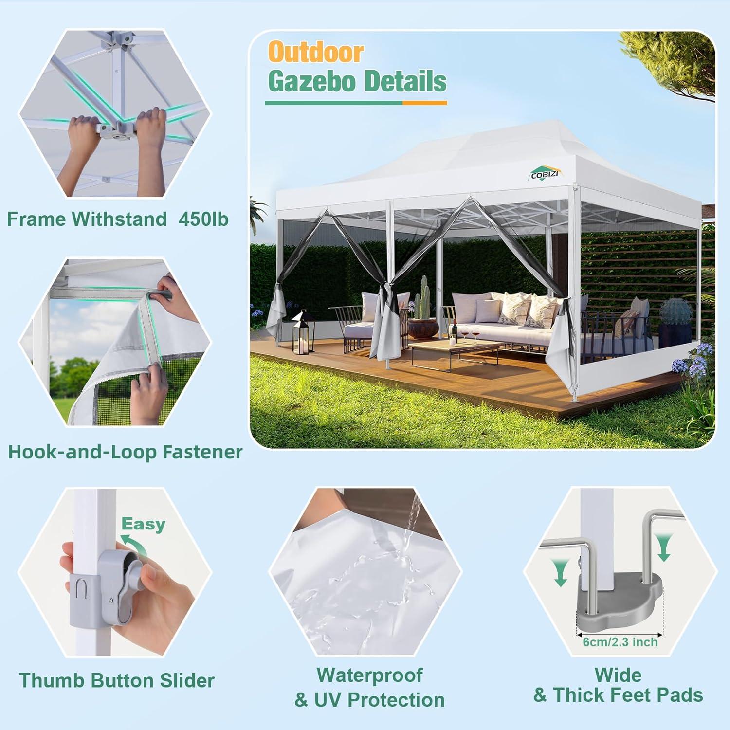 image:imageCOBIZI Canopy Tent 10x10 Heavy Duty Pop Up Gazebo with Netting ScreenedWaterproof Ez up Canopy with Sidewalls Outdoor Instant Screen House Tent for CampingBackyard Wedding BirthdayBlackWhite