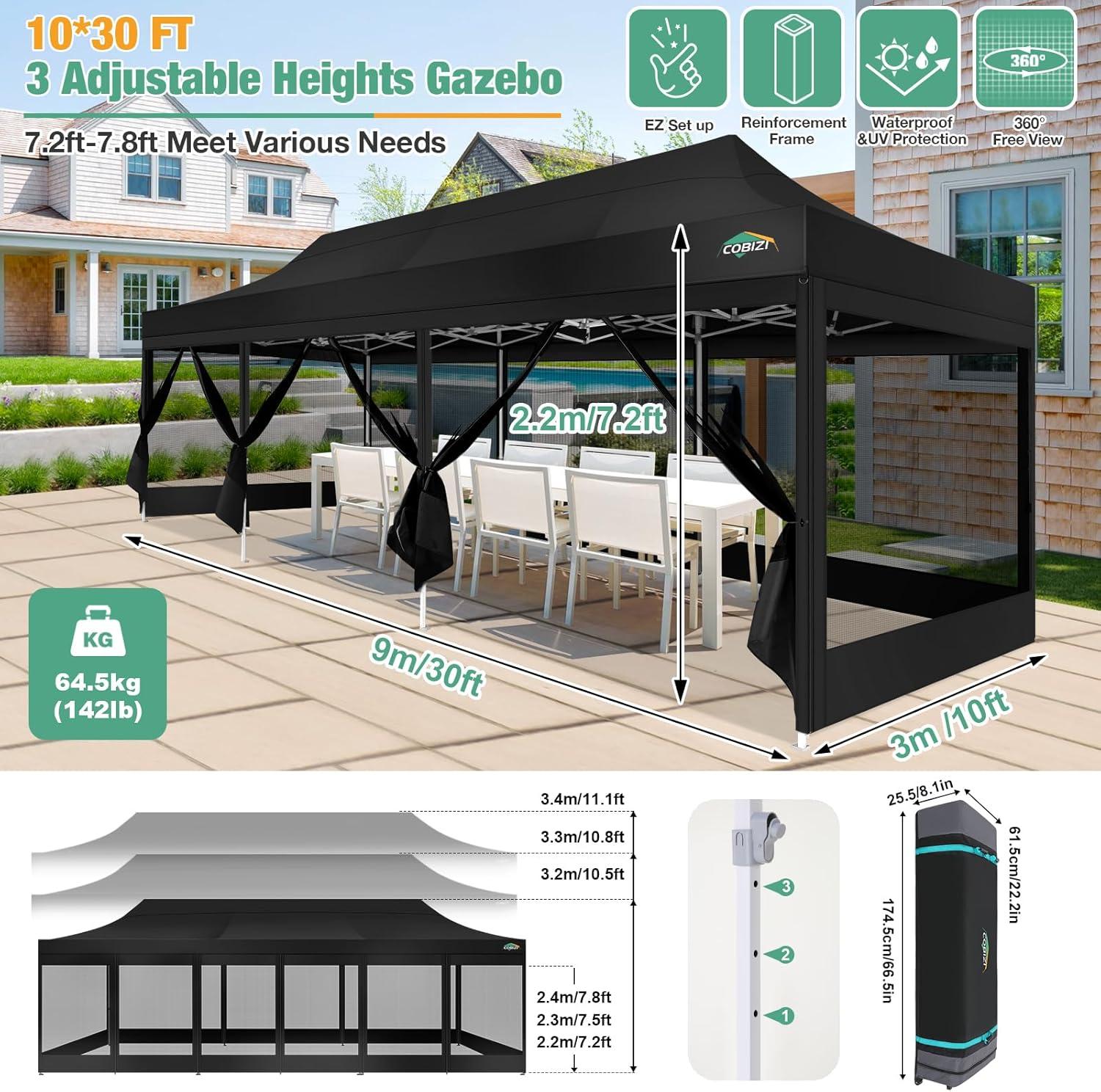 image:imageCOBIZI Canopy Tent 10x10 Heavy Duty Pop Up Gazebo with Netting ScreenedWaterproof Ez up Canopy with Sidewalls Outdoor Instant Screen House Tent for CampingBackyard Wedding BirthdayBlackBlack