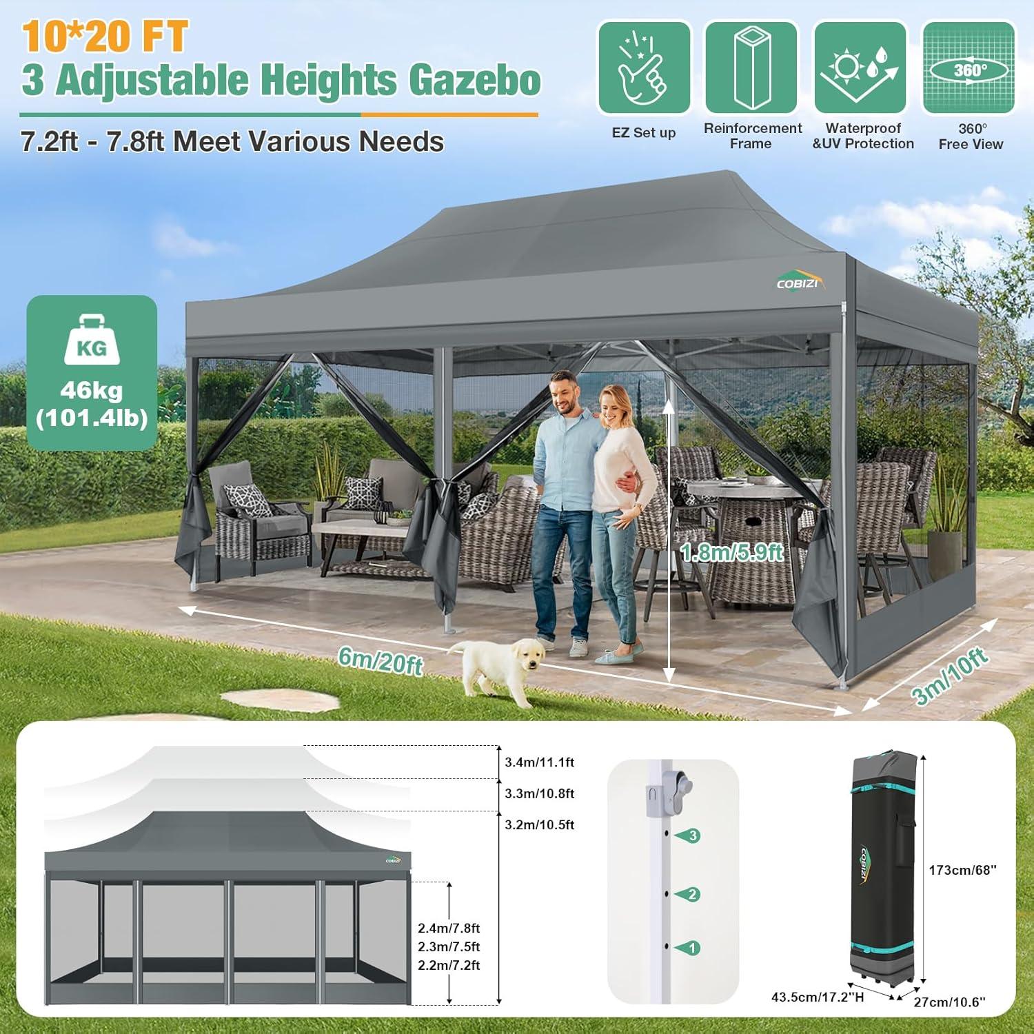 image:imageCOBIZI Canopy Tent 10x10 Heavy Duty Pop Up Gazebo with Netting ScreenedWaterproof Ez up Canopy with Sidewalls Outdoor Instant Screen House Tent for CampingBackyard Wedding BirthdayBlackGray