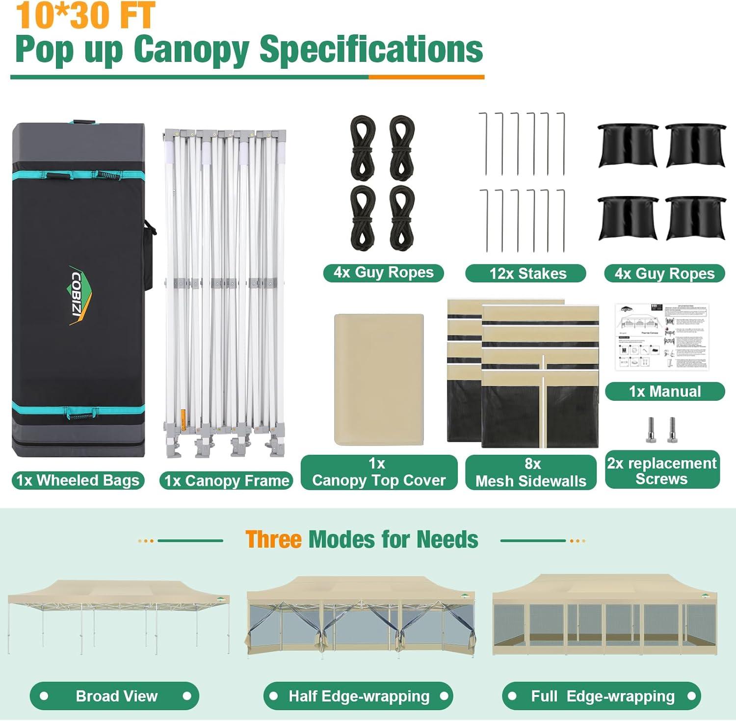 image:imageCOBIZI Canopy Tent 10x10 Heavy Duty Pop Up Gazebo with Netting ScreenedWaterproof Ez up Canopy with Sidewalls Outdoor Instant Screen House Tent for CampingBackyard Wedding BirthdayBlackKhaki