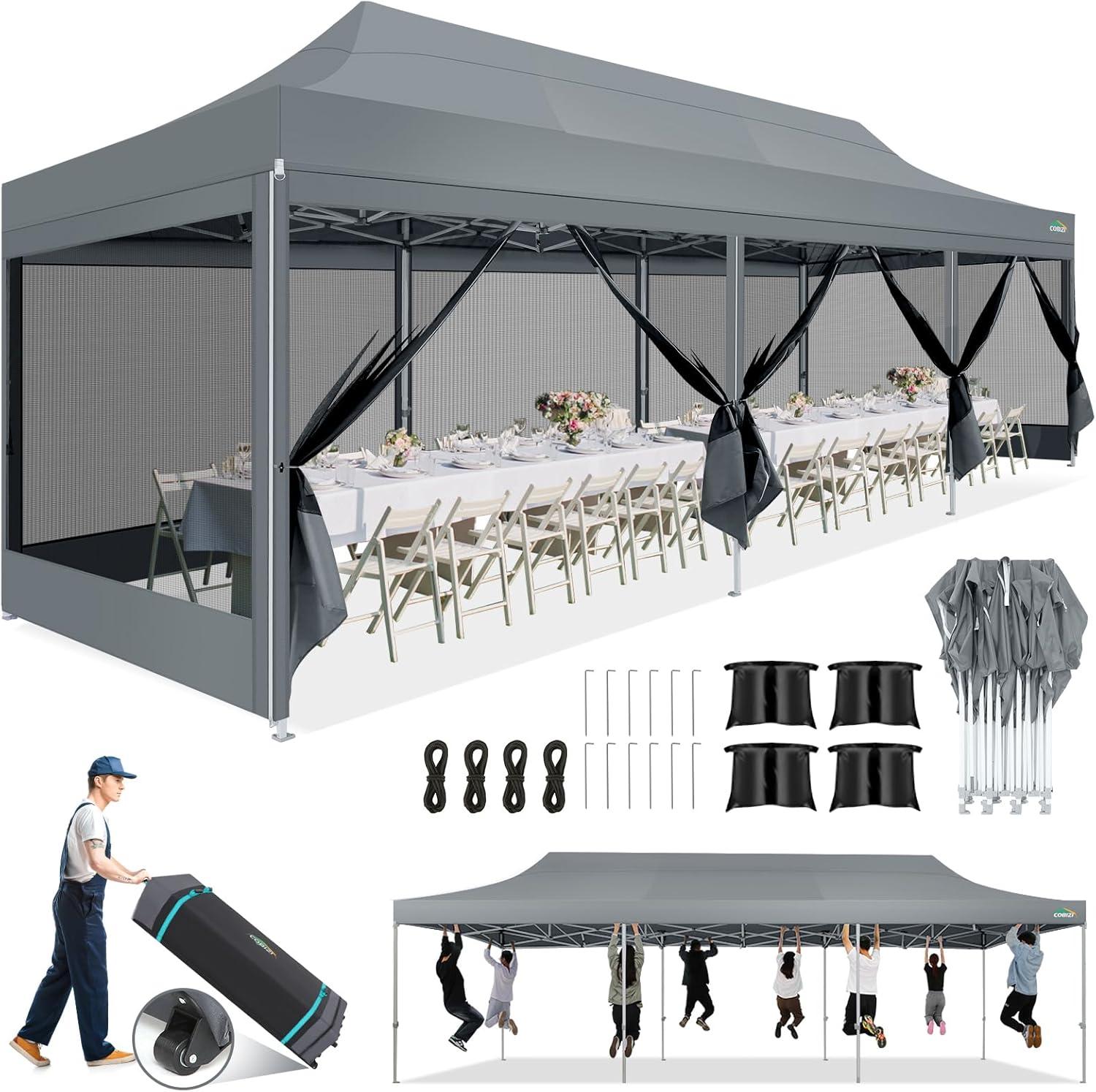 image:imageCOBIZI Canopy Tent 10x10 Heavy Duty Pop Up Gazebo with Netting ScreenedWaterproof Ez up Canopy with Sidewalls Outdoor Instant Screen House Tent for CampingBackyard Wedding BirthdayBlackGray