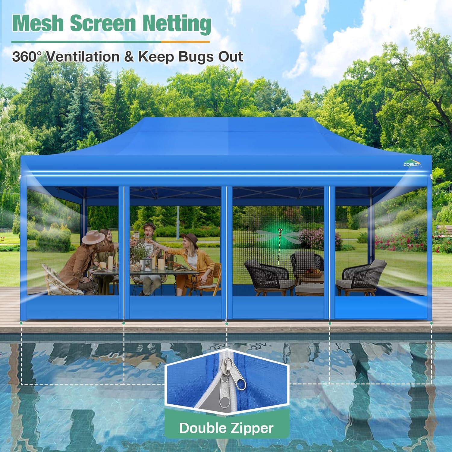 image:imageCOBIZI Canopy Tent 10x10 Heavy Duty Pop Up Gazebo with Netting ScreenedWaterproof Ez up Canopy with Sidewalls Outdoor Instant Screen House Tent for CampingBackyard Wedding BirthdayBlackBlue