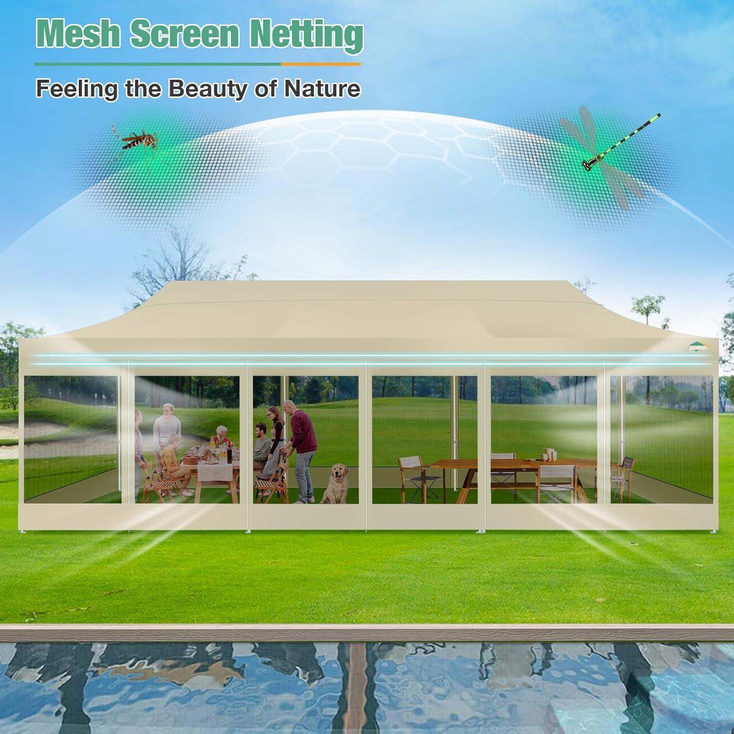 image:imageCOBIZI Canopy Tent 10x10 Heavy Duty Pop Up Gazebo with Netting ScreenedWaterproof Ez up Canopy with Sidewalls Outdoor Instant Screen House Tent for CampingBackyard Wedding BirthdayBlackKhaki