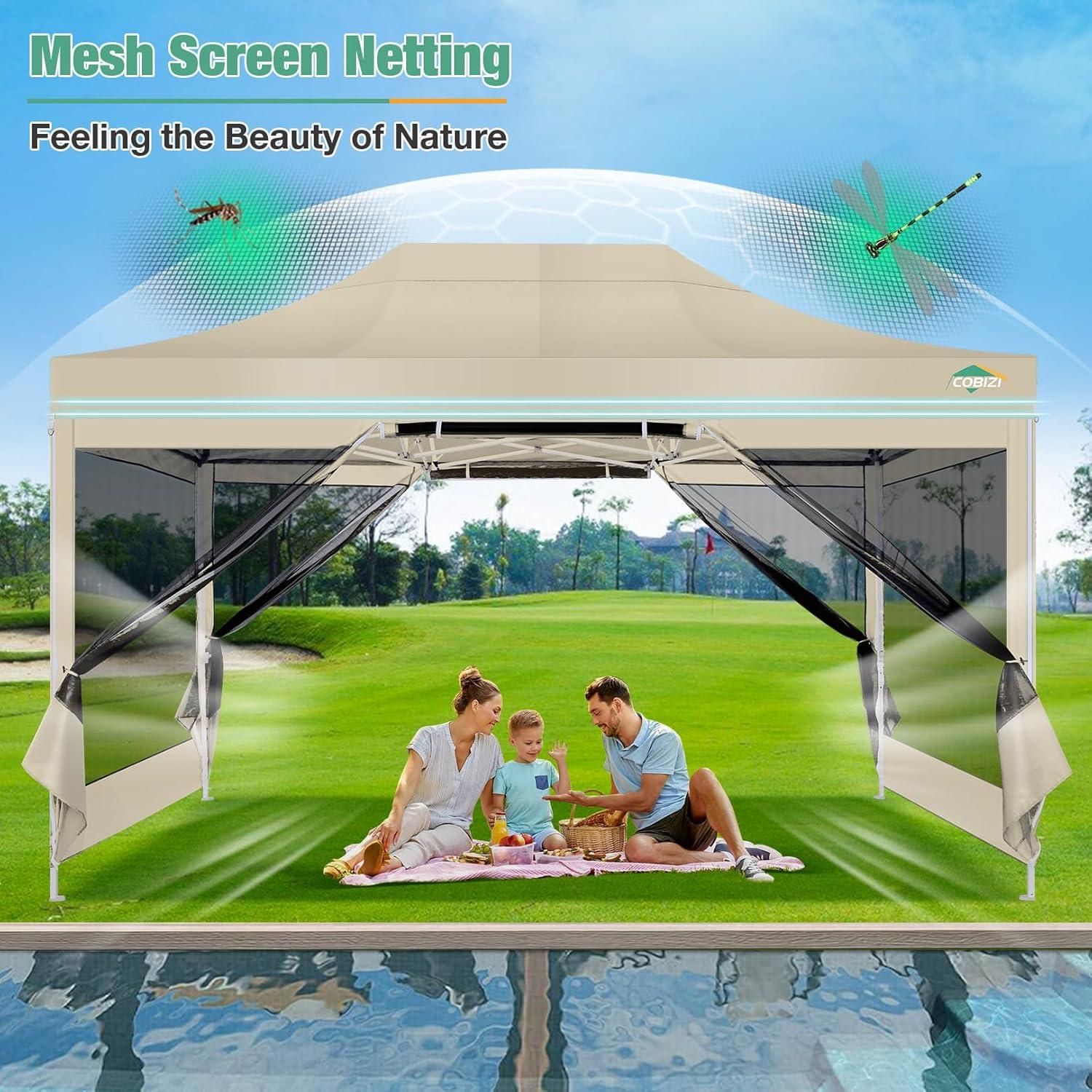 image:imageCOBIZI Canopy Tent 10x10 Heavy Duty Pop Up Gazebo with Netting ScreenedWaterproof Ez up Canopy with Sidewalls Outdoor Instant Screen House Tent for CampingBackyard Wedding BirthdayBlackKhaki
