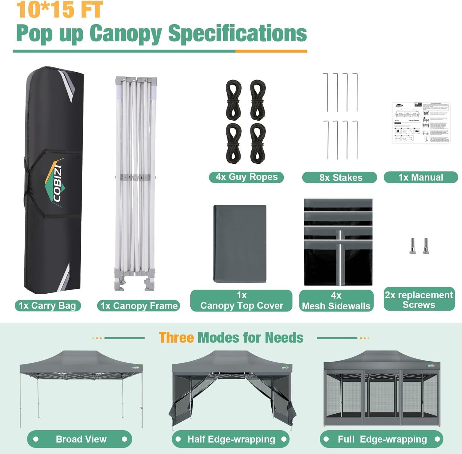 image:imageCOBIZI Canopy Tent 10x10 Heavy Duty Pop Up Gazebo with Netting ScreenedWaterproof Ez up Canopy with Sidewalls Outdoor Instant Screen House Tent for CampingBackyard Wedding BirthdayBlackGray