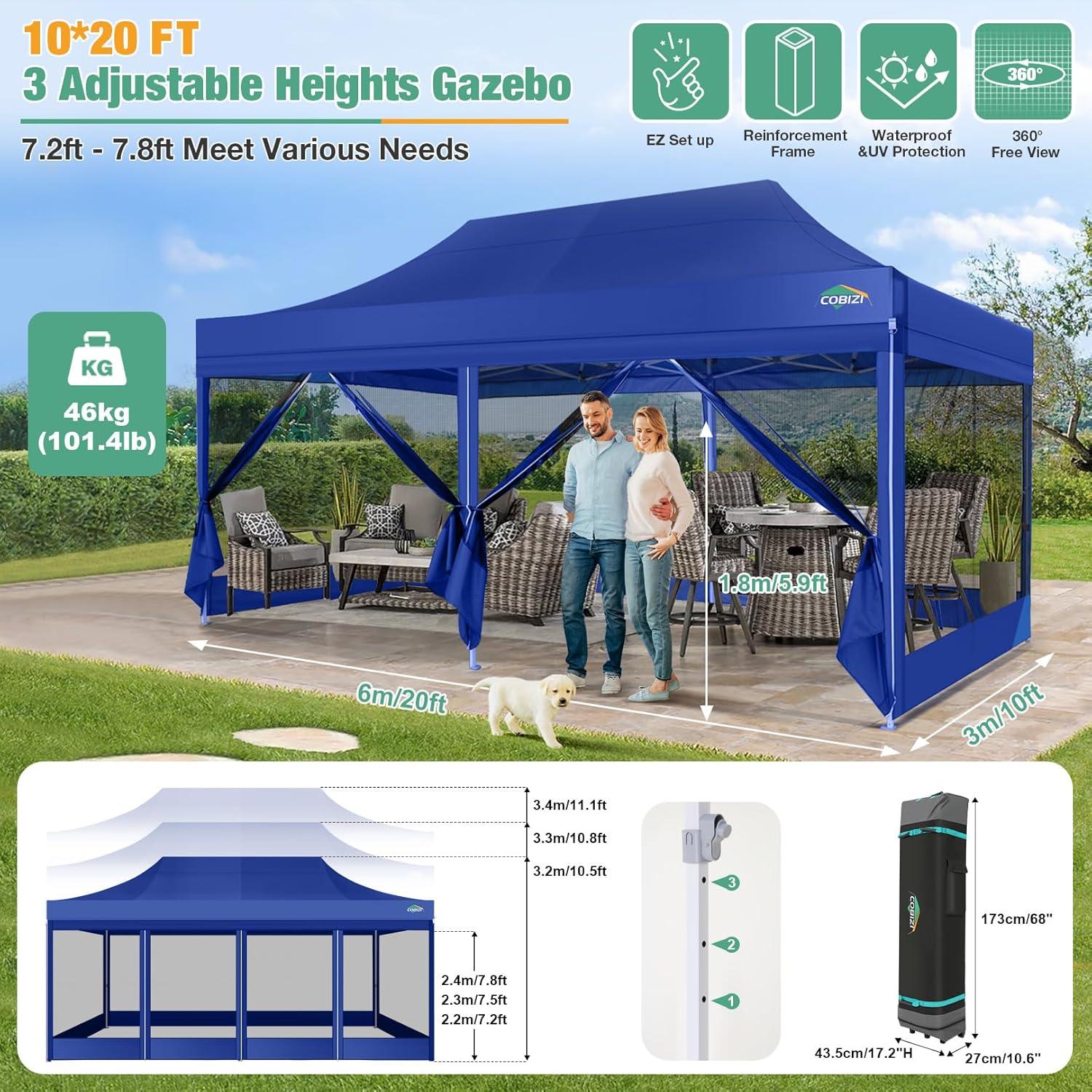 image:imageCOBIZI Canopy Tent 10x10 Heavy Duty Pop Up Gazebo with Netting ScreenedWaterproof Ez up Canopy with Sidewalls Outdoor Instant Screen House Tent for CampingBackyard Wedding BirthdayBlackDark Blue