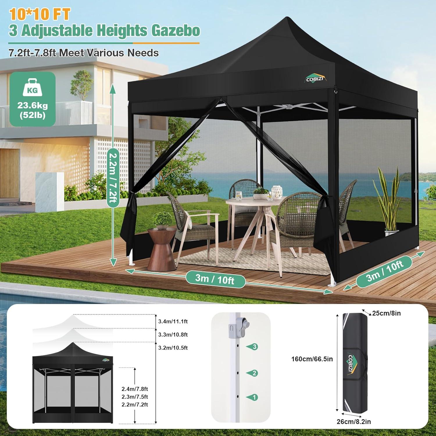 image:imageCOBIZI Canopy Tent 10x10 Heavy Duty Pop Up Gazebo with Netting ScreenedWaterproof Ez up Canopy with Sidewalls Outdoor Instant Screen House Tent for CampingBackyard Wedding BirthdayBlackBlack