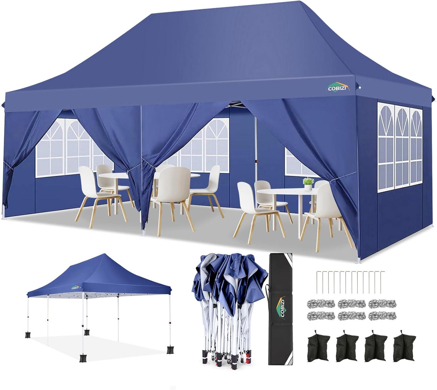 image:imageCOBIZI Canopy Tent 10x30 Pop Up Canopy with 8 Removable Sidewalls Party Tents for Parties Wedding Patio Commercial Waterproof and UV50 Ez Outdoor Instant Gazebo with Roller Bag amp 4 SandbagsWhiteDark Blue