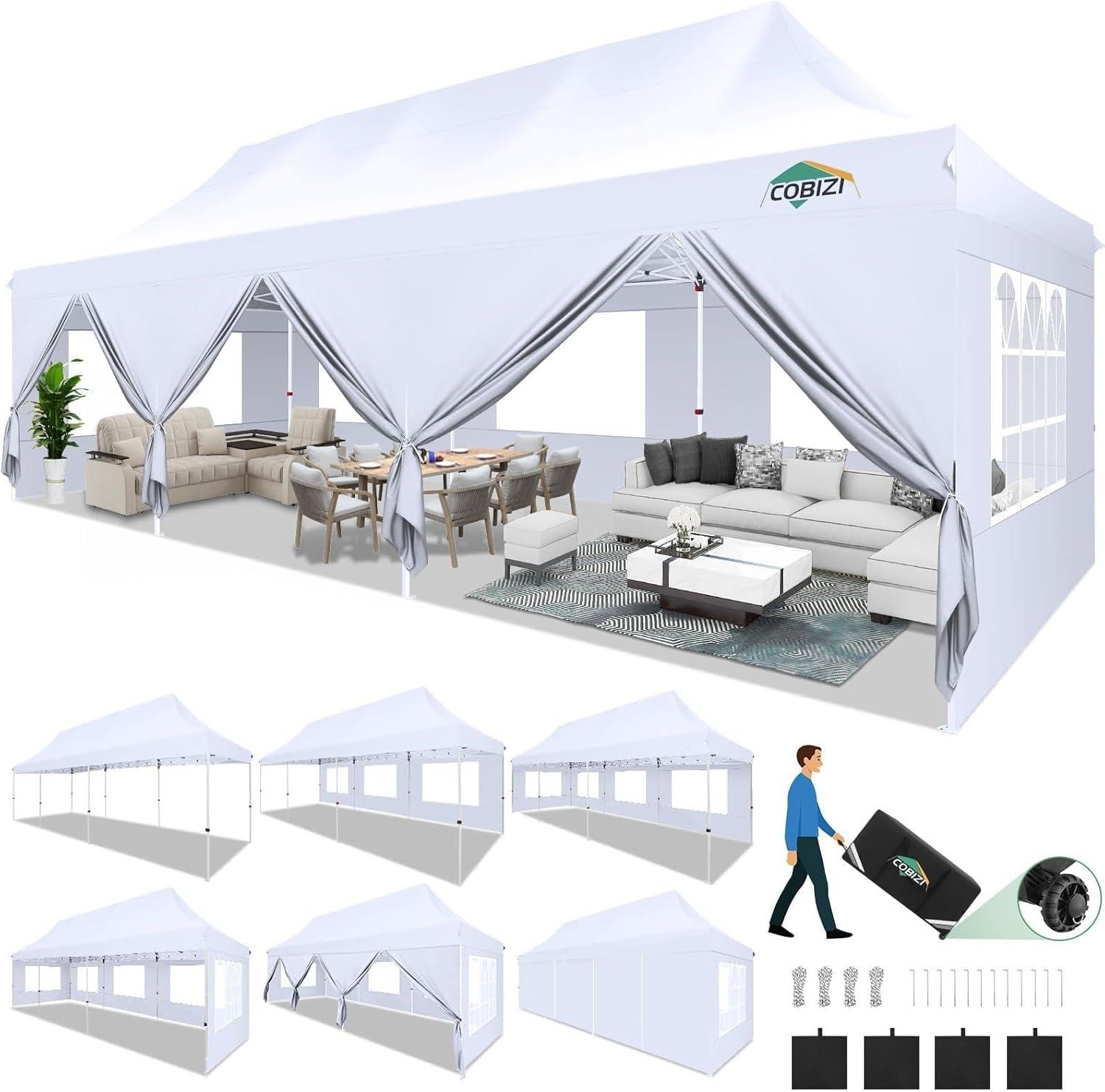 image:imageCOBIZI Canopy Tent 10x30 Pop Up Canopy with 8 Removable Sidewalls Party Tents for Parties Wedding Patio Commercial Waterproof and UV50 Ez Outdoor Instant Gazebo with Roller Bag amp 4 SandbagsWhiteWhite