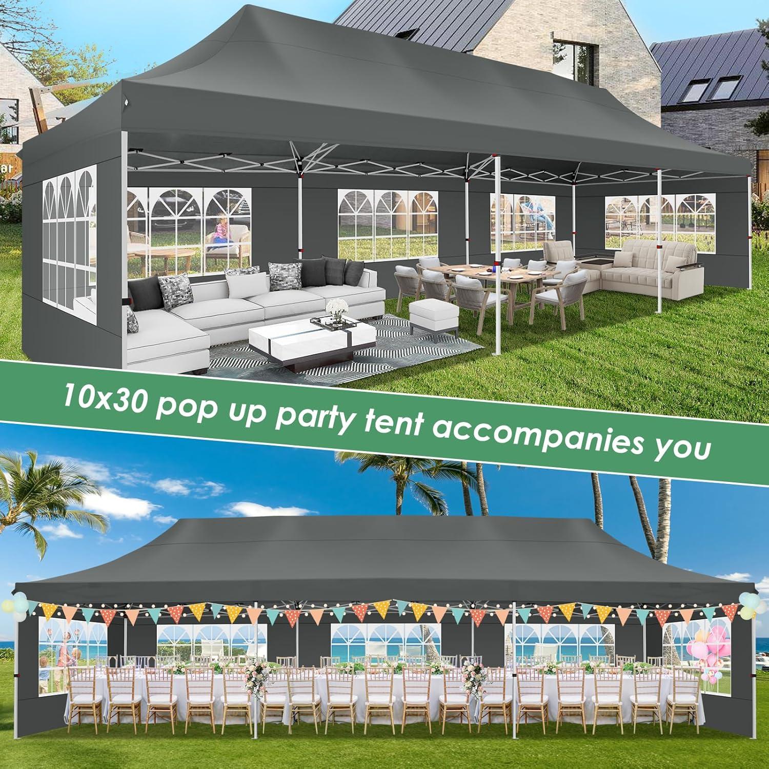 image:imageCOBIZI Canopy Tent 10x30 Pop Up Canopy with 8 Removable Sidewalls Party Tents for Parties Wedding Patio Commercial Waterproof and UV50 Ez Outdoor Instant Gazebo with Roller Bag amp 4 SandbagsWhiteGray