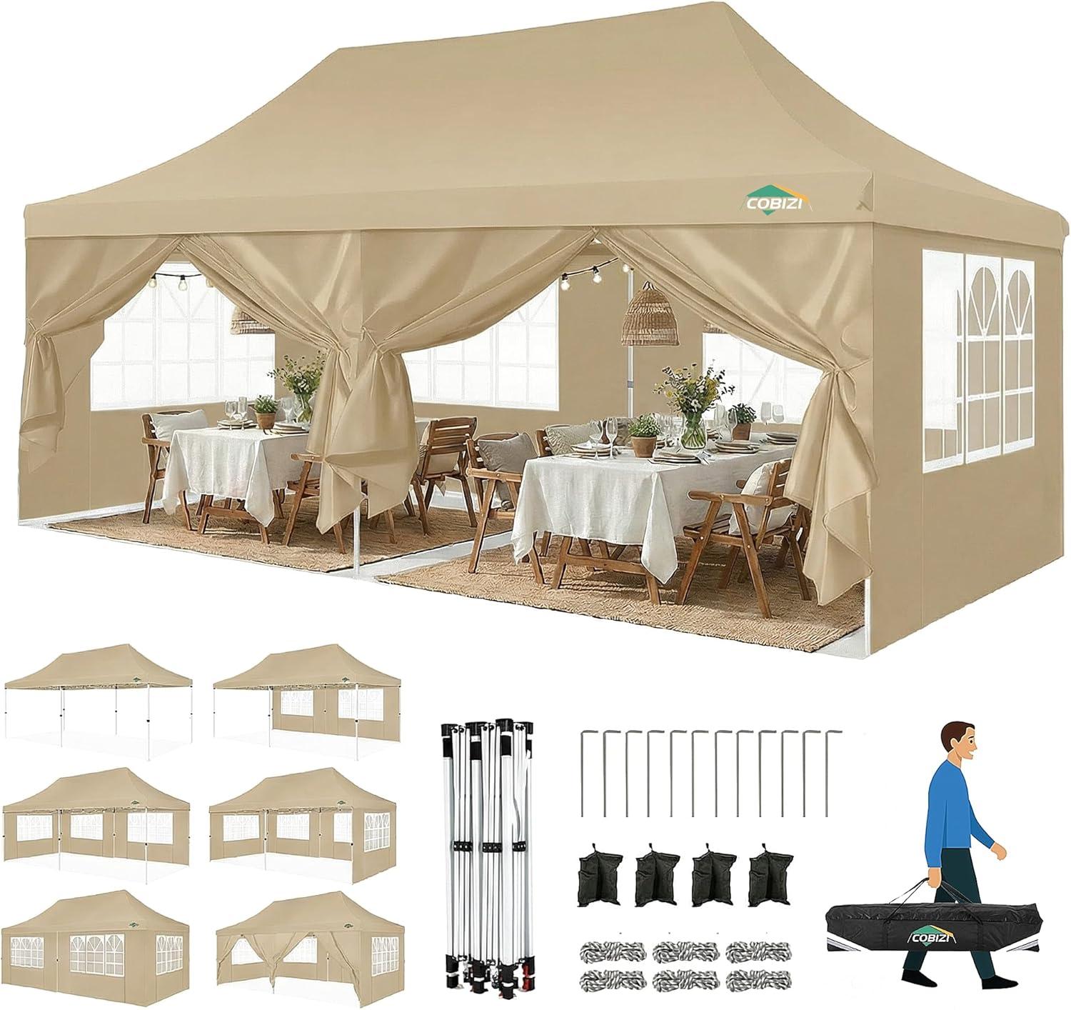 image:imageCOBIZI Canopy Tent 10x30 Pop Up Canopy with 8 Removable Sidewalls Party Tents for Parties Wedding Patio Commercial Waterproof and UV50 Ez Outdoor Instant Gazebo with Roller Bag amp 4 SandbagsWhiteKhaki