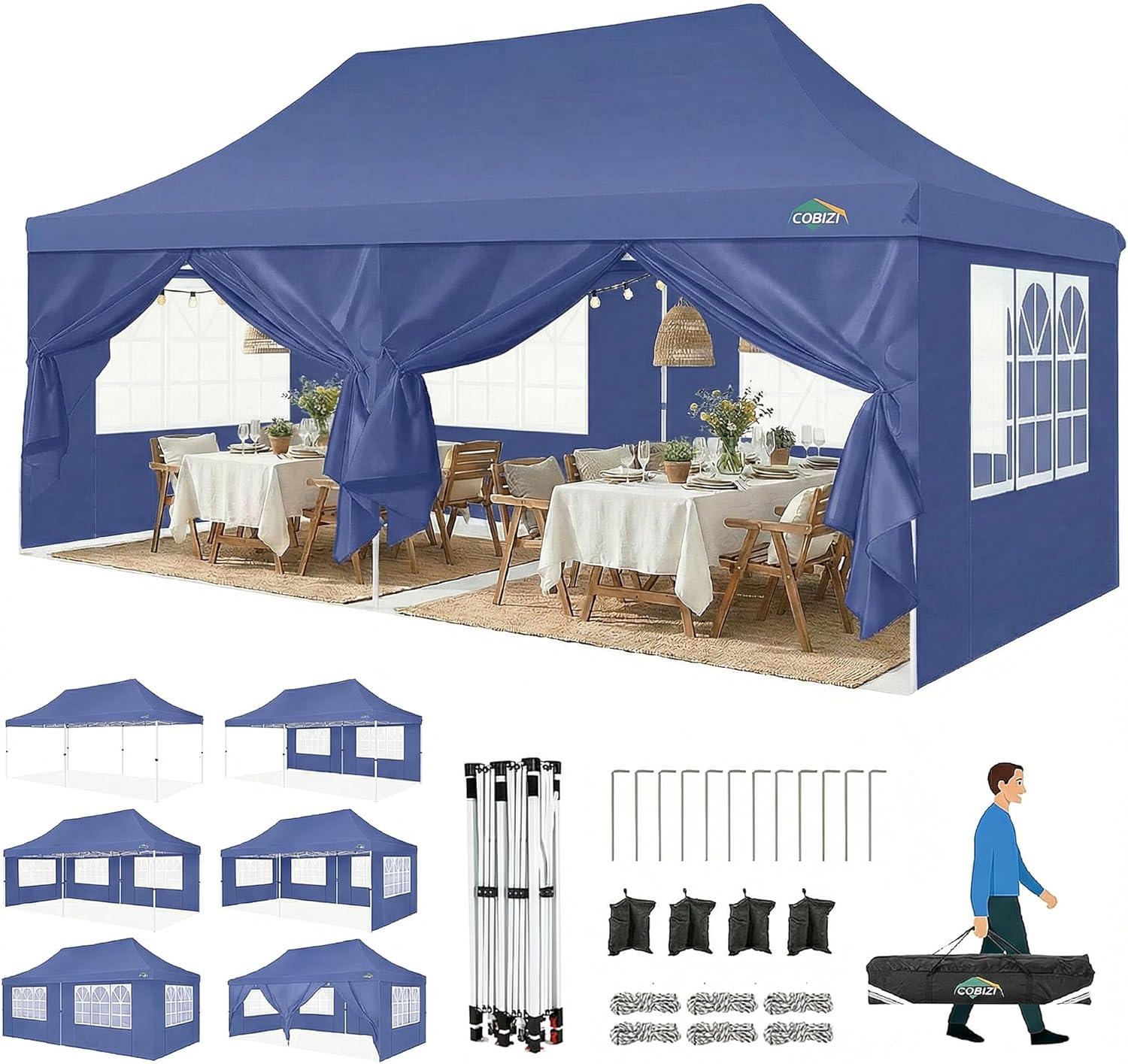 image:imageCOBIZI Canopy Tent 10x30 Pop Up Canopy with 8 Removable Sidewalls Party Tents for Parties Wedding Patio Commercial Waterproof and UV50 Ez Outdoor Instant Gazebo with Roller Bag amp 4 SandbagsWhiteNavy Blue