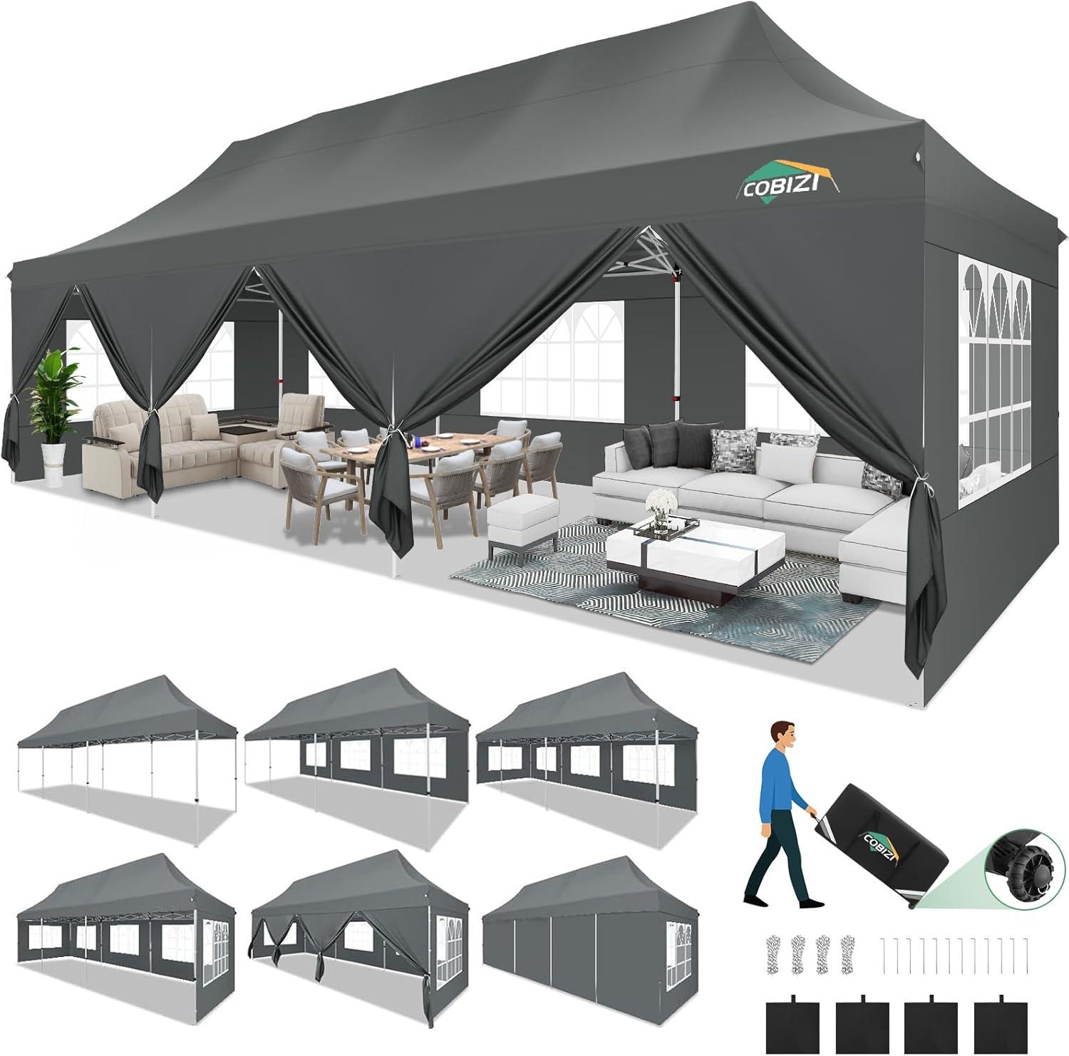 image:imageCOBIZI Canopy Tent 10x30 Pop Up Canopy with 8 Removable Sidewalls Party Tents for Parties Wedding Patio Commercial Waterproof and UV50 Ez Outdoor Instant Gazebo with Roller Bag amp 4 SandbagsWhiteGray