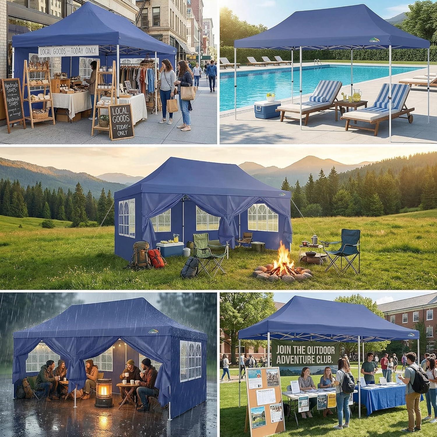 image:imageCOBIZI Canopy Tent 10x30 Pop Up Canopy with 8 Removable Sidewalls Party Tents for Parties Wedding Patio Commercial Waterproof and UV50 Ez Outdoor Instant Gazebo with Roller Bag amp 4 SandbagsWhiteNavy Blue