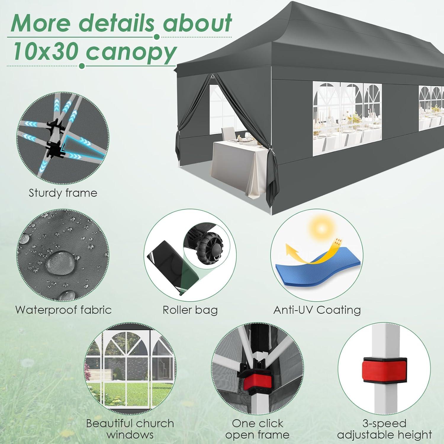 image:imageCOBIZI Canopy Tent 10x30 Pop Up Canopy with 8 Removable Sidewalls Party Tents for Parties Wedding Patio Commercial Waterproof and UV50 Ez Outdoor Instant Gazebo with Roller Bag amp 4 SandbagsWhiteGray