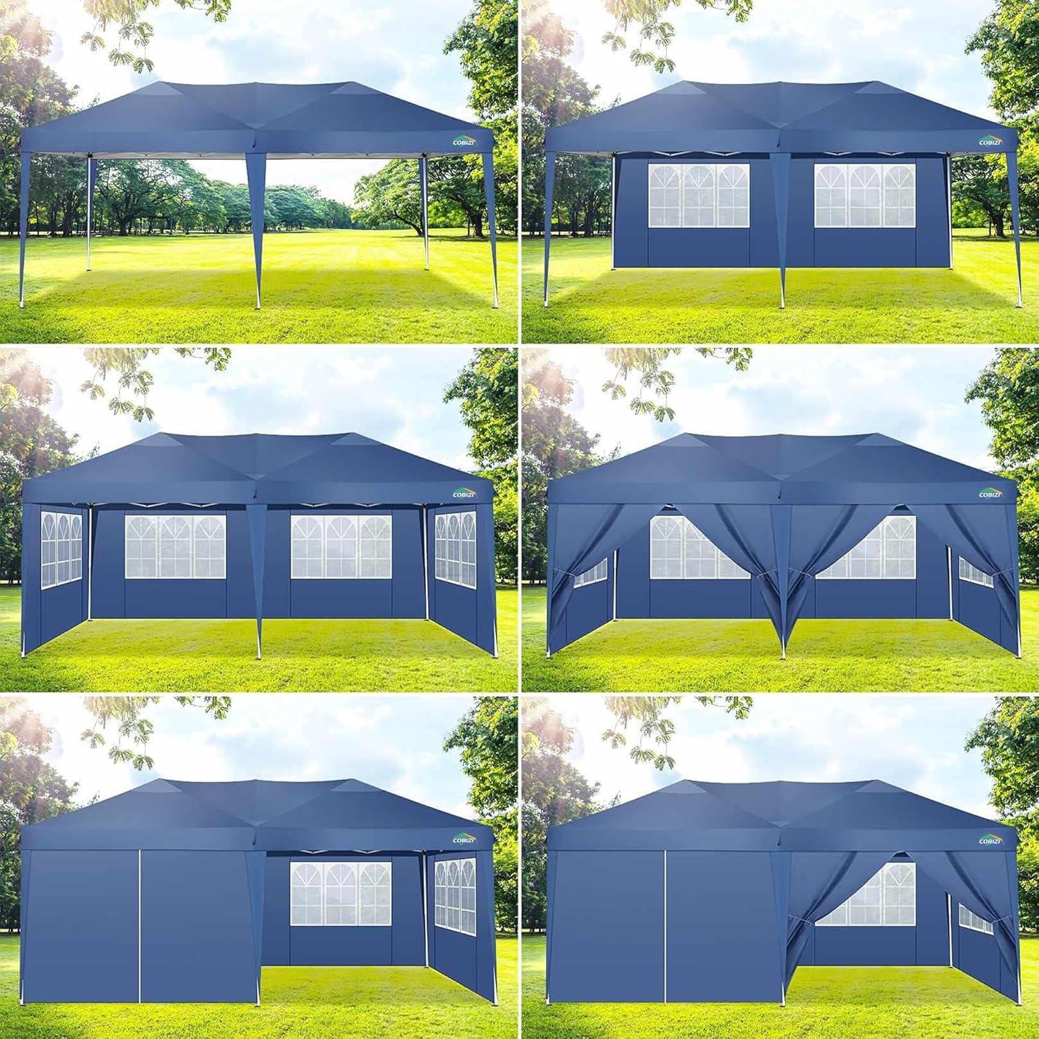 image:imageCOBIZI Ez Up Canopy Canopy Tent 10x10 Heavy Duty Pop Up Canopy with UPF 50 Waterproof Canopy Top for Commercial Business 3 Adjustable Heights with Sand Bags Stakes Ropes Blue GreenBlue