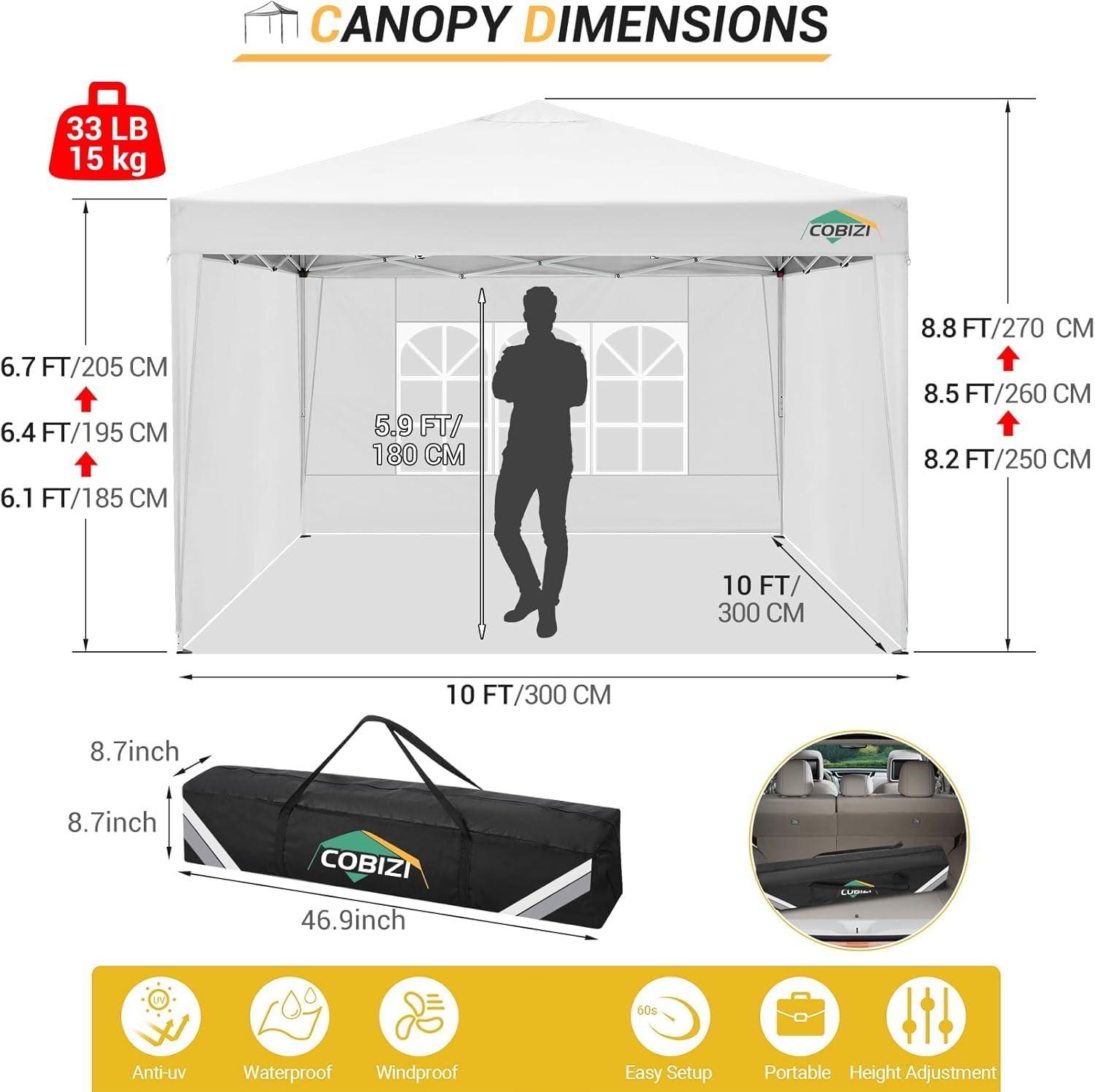 image:imageCOBIZI Ez Up Canopy Canopy Tent 10x10 Heavy Duty Pop Up Canopy with UPF 50 Waterproof Canopy Top for Commercial Business 3 Adjustable Heights with Sand Bags Stakes Ropes Blue GreenWhite