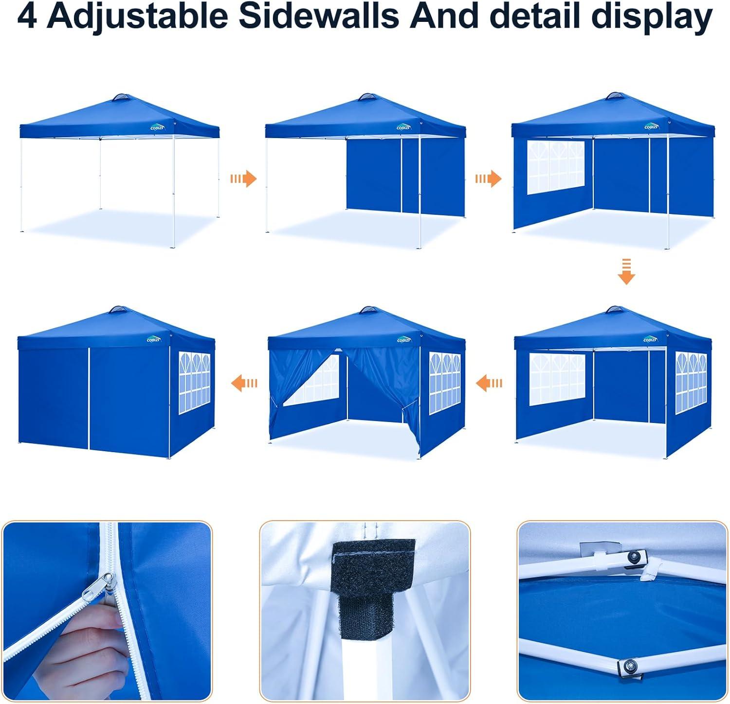 image:imageCOBIZI Ez Up Canopy Canopy Tent 10x10 Heavy Duty Pop Up Canopy with UPF 50 Waterproof Canopy Top for Commercial Business 3 Adjustable Heights with Sand Bags Stakes Ropes Blue GreenBright blue
