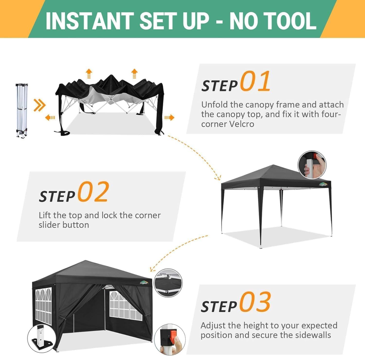 image:imageCOBIZI Ez Up Canopy Canopy Tent 10x10 Heavy Duty Pop Up Canopy with UPF 50 Waterproof Canopy Top for Commercial Business 3 Adjustable Heights with Sand Bags Stakes Ropes Blue GreenBlack